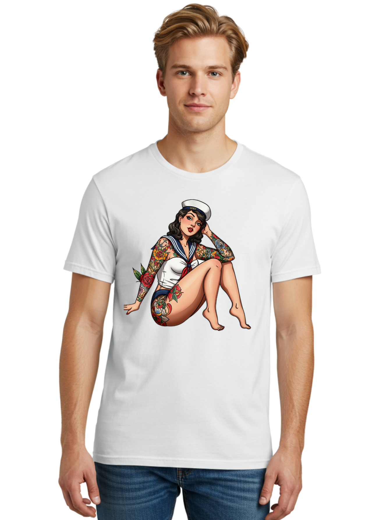 Pin-Up-Girl-Sailor Men'S Graphic Tee, 100% Cotton, Comfortable Casual Summer Wear, Machine Washable, Pin-Up Girl, Sailor Costume, Tattoos, Rose Tattoos, Nautical Theme, Vintage Style, Seductive Pose, Pin-Up Art, Body Art, Tattoo Art, Bad416