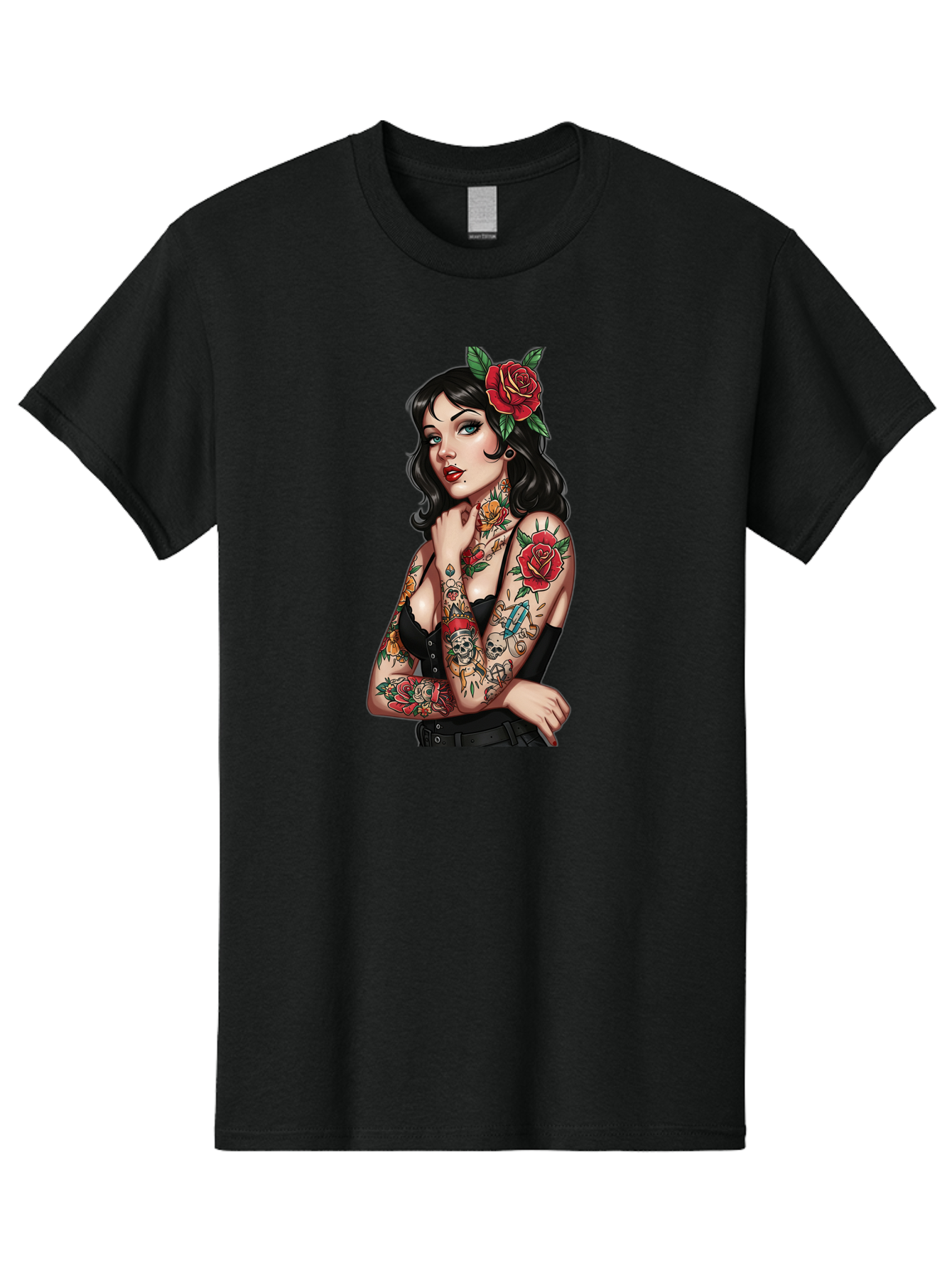 Pin-Up-Girl-Tattoos Men'S Graphic Tee, 100% Cotton, Comfortable Casual Summer Wear, Machine Washable, Tattooed Pin-Up Girl, Vintage Style, Rose In Hair, Arm Tattoos, Roses, Skull, Dagger, Edgy, Feminine Charm, Classic Tattoo Art, Body Art Bad417