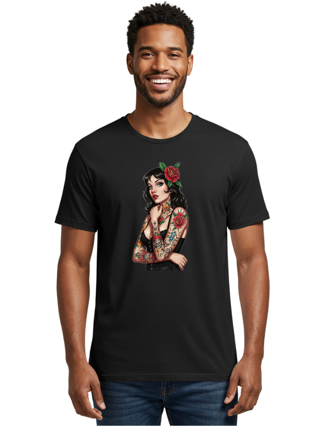 Pin-Up-Girl-Tattoos Men'S Graphic Tee, 100% Cotton, Comfortable Casual Summer Wear, Machine Washable, Tattooed Pin-Up Girl, Vintage Style, Rose In Hair, Arm Tattoos, Roses, Skull, Dagger, Edgy, Feminine Charm, Classic Tattoo Art, Body Art Bad417