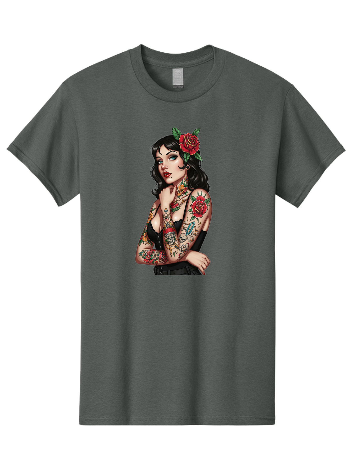Pin-Up-Girl-Tattoos Men'S Graphic Tee, 100% Cotton, Comfortable Casual Summer Wear, Machine Washable, Tattooed Pin-Up Girl, Vintage Style, Rose In Hair, Arm Tattoos, Roses, Skull, Dagger, Edgy, Feminine Charm, Classic Tattoo Art, Body Art Bad417