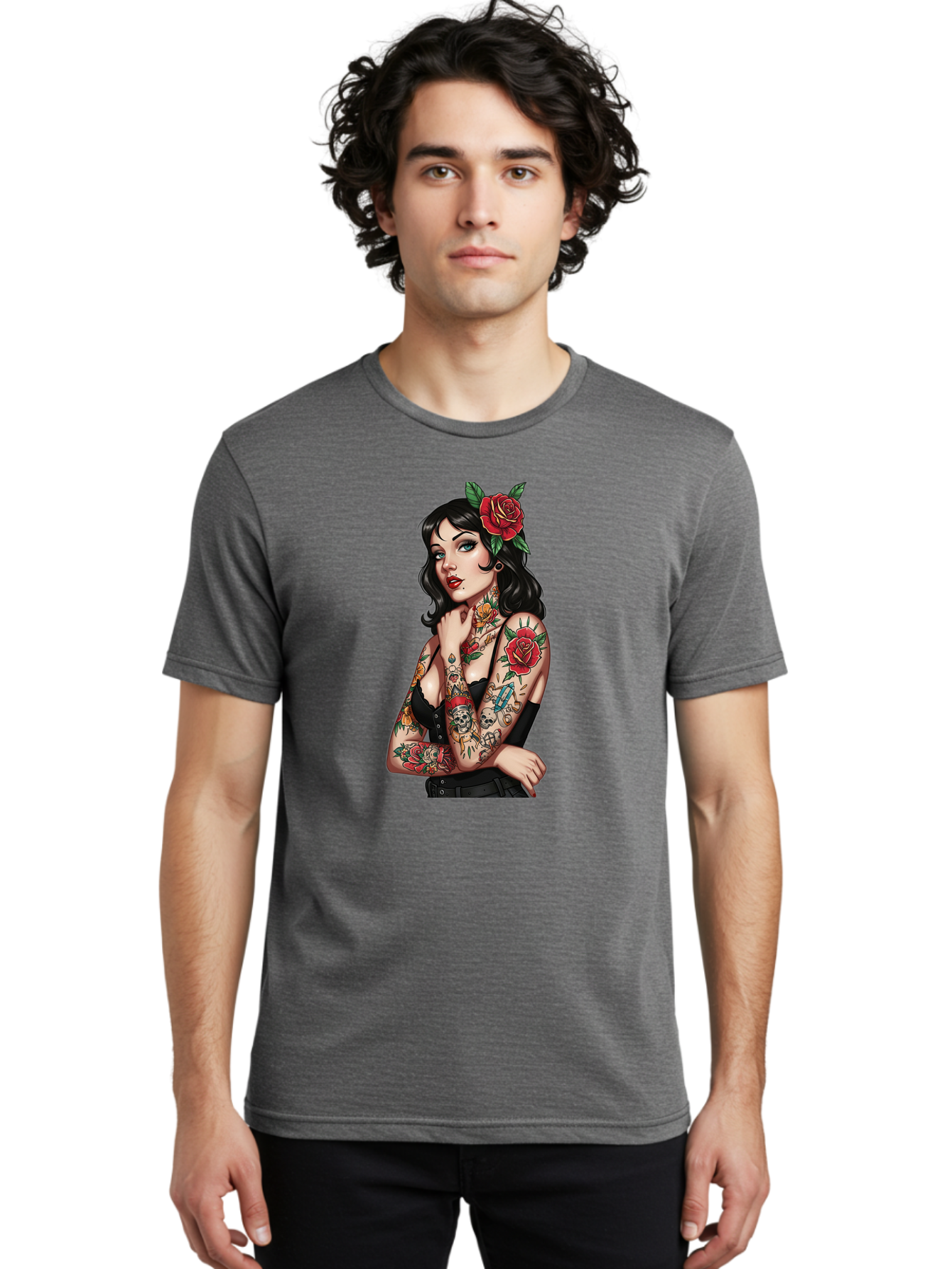 Pin-Up-Girl-Tattoos Men'S Graphic Tee, 100% Cotton, Comfortable Casual Summer Wear, Machine Washable, Tattooed Pin-Up Girl, Vintage Style, Rose In Hair, Arm Tattoos, Roses, Skull, Dagger, Edgy, Feminine Charm, Classic Tattoo Art, Body Art Bad417