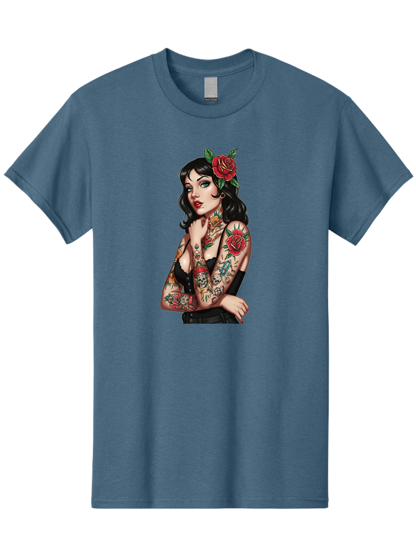 Pin-Up-Girl-Tattoos Men'S Graphic Tee, 100% Cotton, Comfortable Casual Summer Wear, Machine Washable, Tattooed Pin-Up Girl, Vintage Style, Rose In Hair, Arm Tattoos, Roses, Skull, Dagger, Edgy, Feminine Charm, Classic Tattoo Art, Body Art Bad417