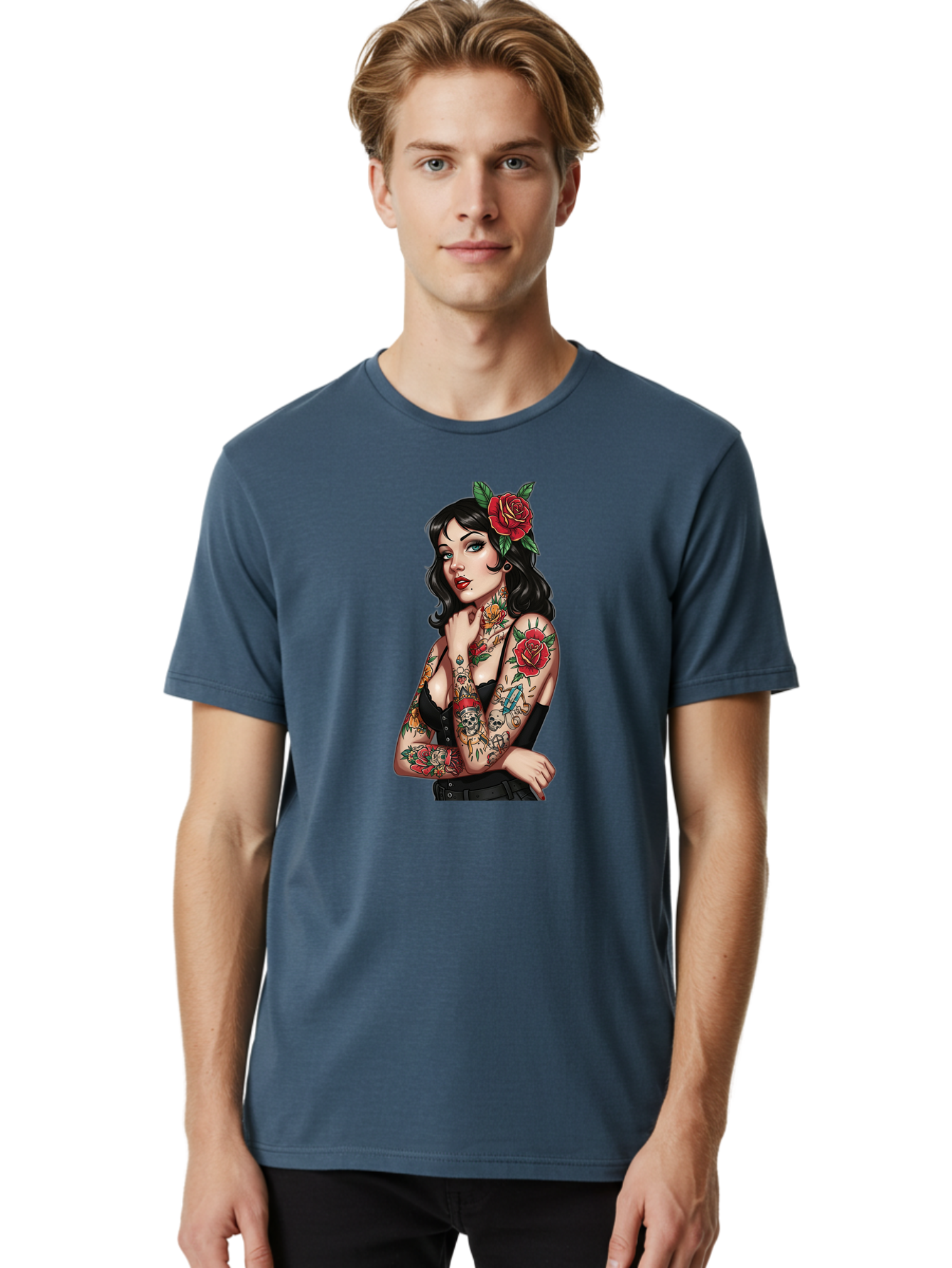 Pin-Up-Girl-Tattoos Men'S Graphic Tee, 100% Cotton, Comfortable Casual Summer Wear, Machine Washable, Tattooed Pin-Up Girl, Vintage Style, Rose In Hair, Arm Tattoos, Roses, Skull, Dagger, Edgy, Feminine Charm, Classic Tattoo Art, Body Art Bad417