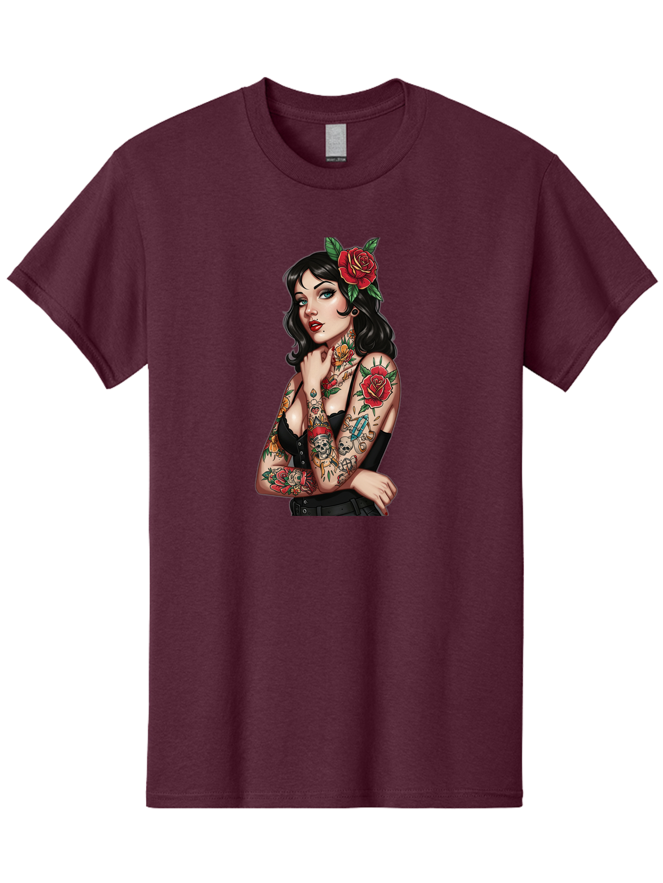 Pin-Up-Girl-Tattoos Men'S Graphic Tee, 100% Cotton, Comfortable Casual Summer Wear, Machine Washable, Tattooed Pin-Up Girl, Vintage Style, Rose In Hair, Arm Tattoos, Roses, Skull, Dagger, Edgy, Feminine Charm, Classic Tattoo Art, Body Art Bad417