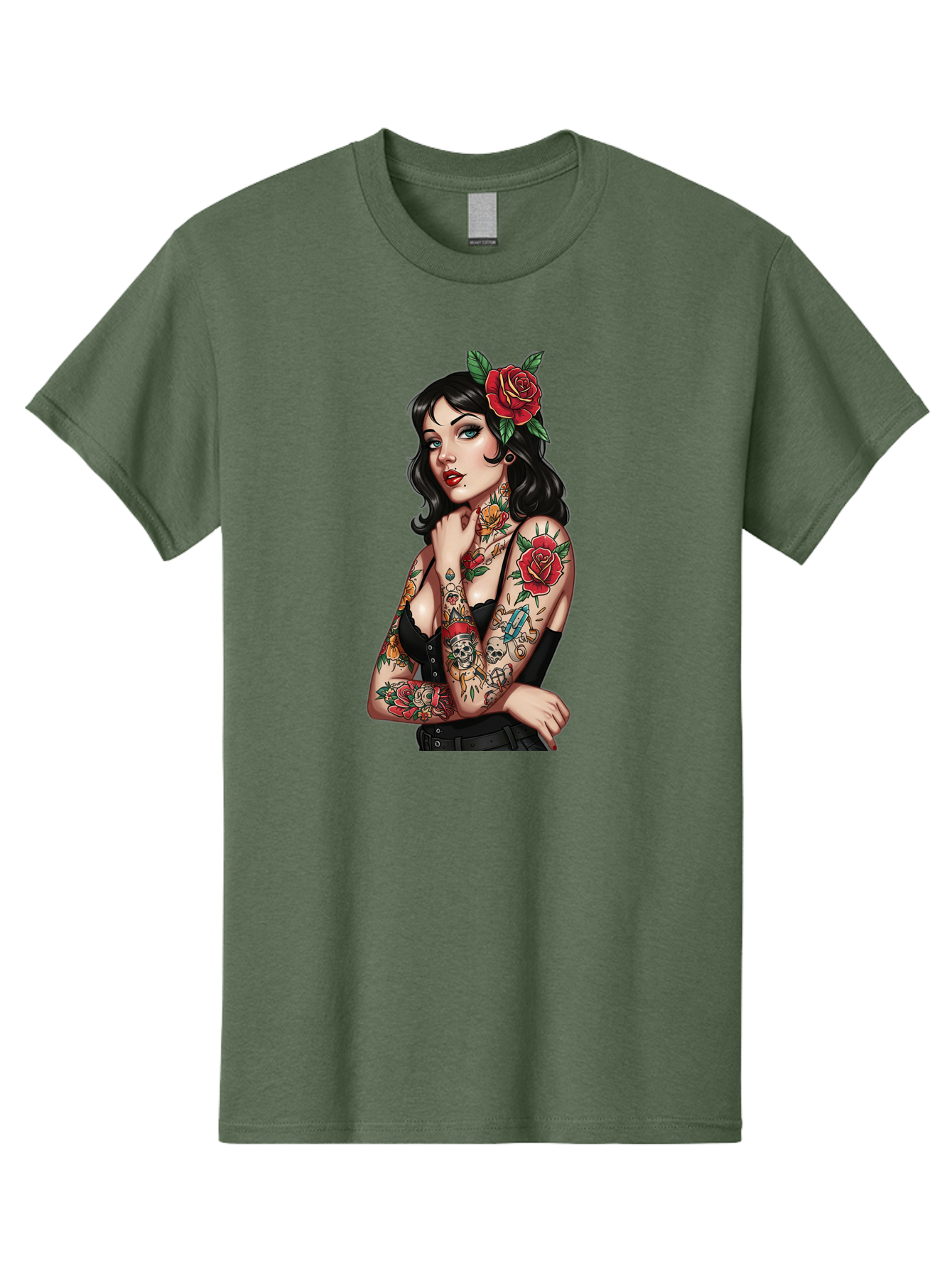 Pin-Up-Girl-Tattoos Men'S Graphic Tee, 100% Cotton, Comfortable Casual Summer Wear, Machine Washable, Tattooed Pin-Up Girl, Vintage Style, Rose In Hair, Arm Tattoos, Roses, Skull, Dagger, Edgy, Feminine Charm, Classic Tattoo Art, Body Art Bad417