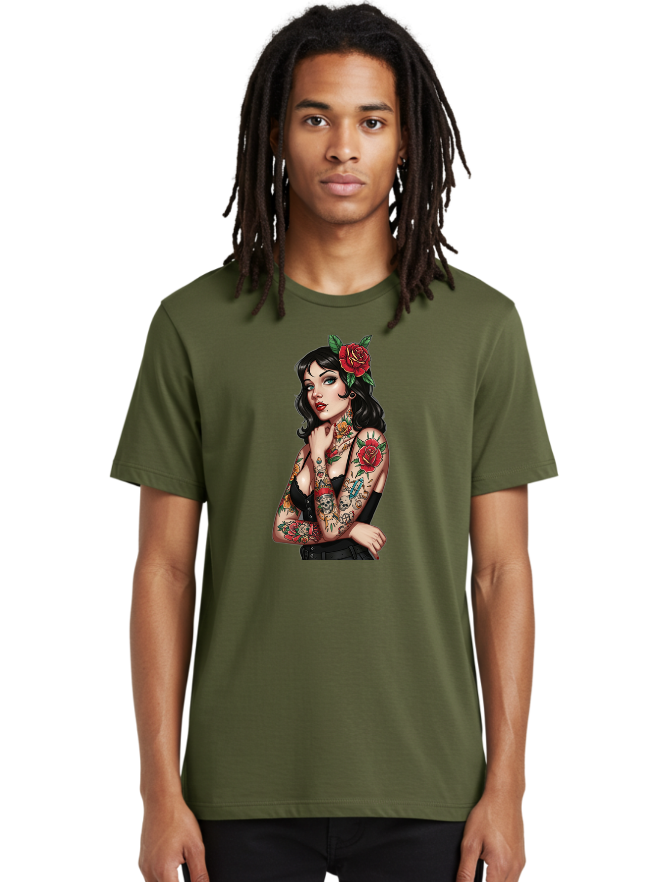 Pin-Up-Girl-Tattoos Men'S Graphic Tee, 100% Cotton, Comfortable Casual Summer Wear, Machine Washable, Tattooed Pin-Up Girl, Vintage Style, Rose In Hair, Arm Tattoos, Roses, Skull, Dagger, Edgy, Feminine Charm, Classic Tattoo Art, Body Art Bad417