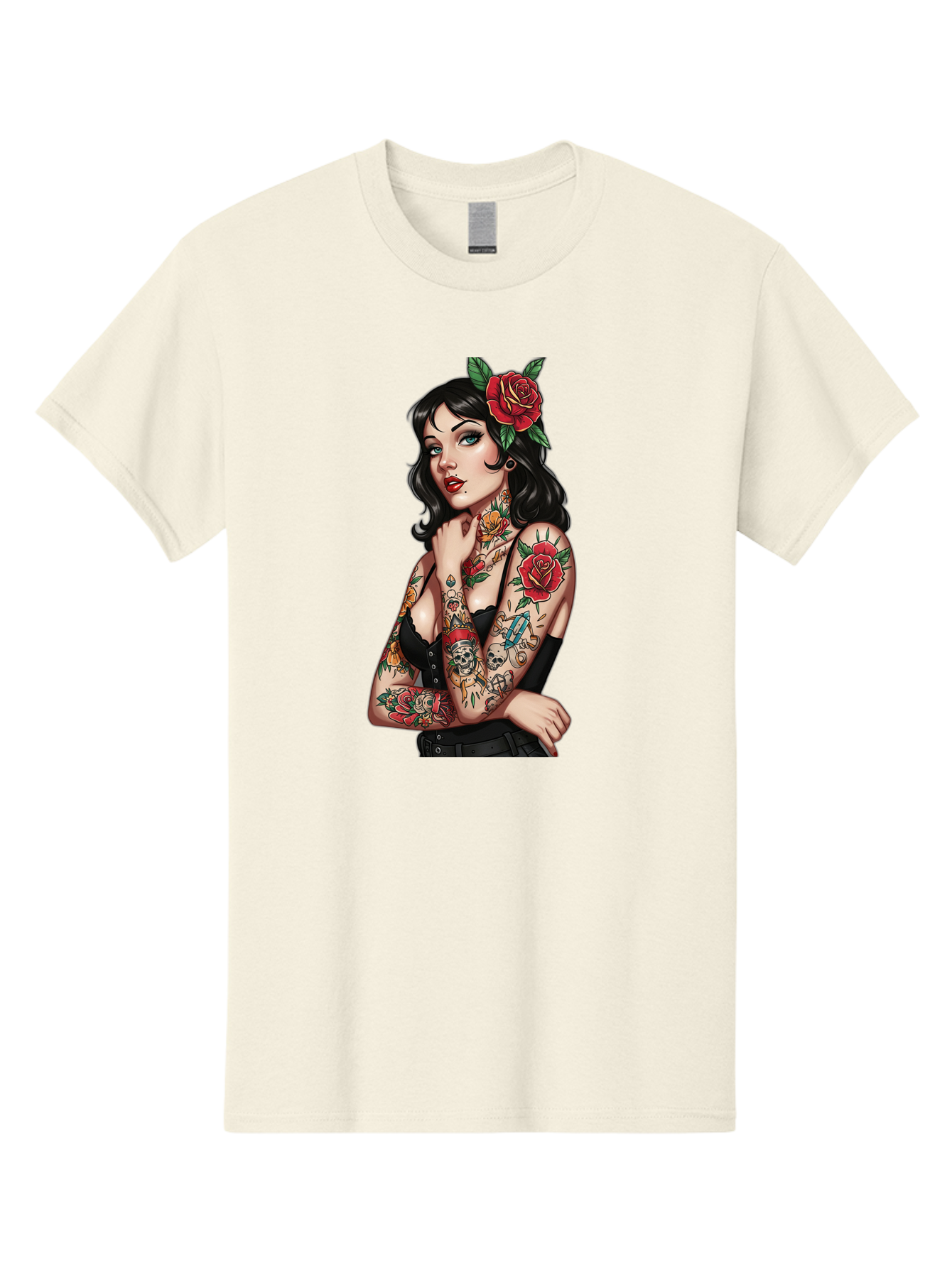 Pin-Up-Girl-Tattoos Men'S Graphic Tee, 100% Cotton, Comfortable Casual Summer Wear, Machine Washable, Tattooed Pin-Up Girl, Vintage Style, Rose In Hair, Arm Tattoos, Roses, Skull, Dagger, Edgy, Feminine Charm, Classic Tattoo Art, Body Art Bad417