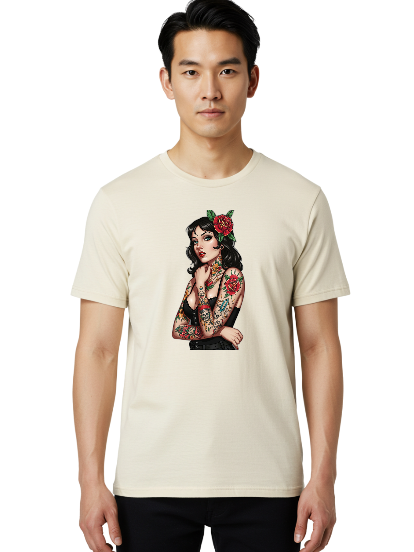 Pin-Up-Girl-Tattoos Men'S Graphic Tee, 100% Cotton, Comfortable Casual Summer Wear, Machine Washable, Tattooed Pin-Up Girl, Vintage Style, Rose In Hair, Arm Tattoos, Roses, Skull, Dagger, Edgy, Feminine Charm, Classic Tattoo Art, Body Art Bad417