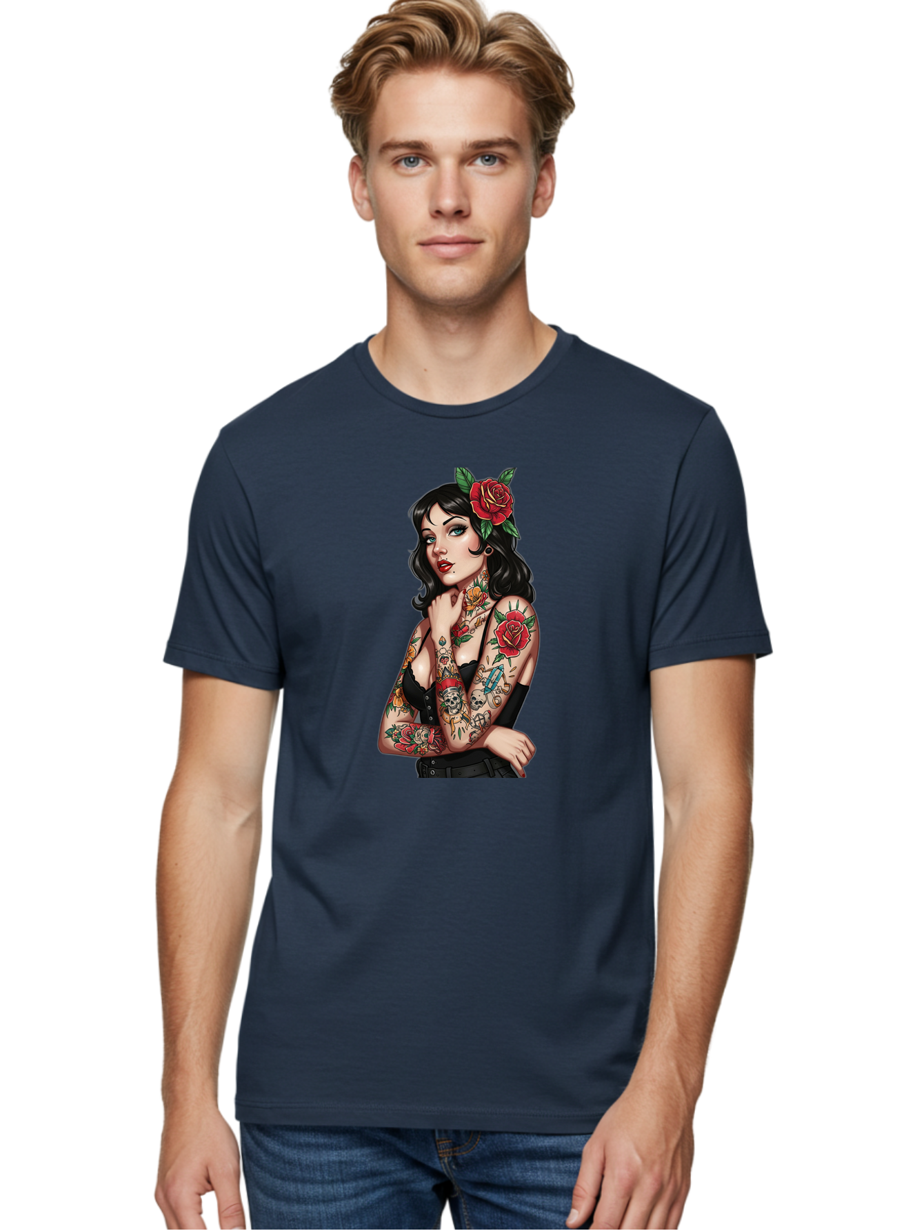 Pin-Up-Girl-Tattoos Men'S Graphic Tee, 100% Cotton, Comfortable Casual Summer Wear, Machine Washable, Tattooed Pin-Up Girl, Vintage Style, Rose In Hair, Arm Tattoos, Roses, Skull, Dagger, Edgy, Feminine Charm, Classic Tattoo Art, Body Art Bad417