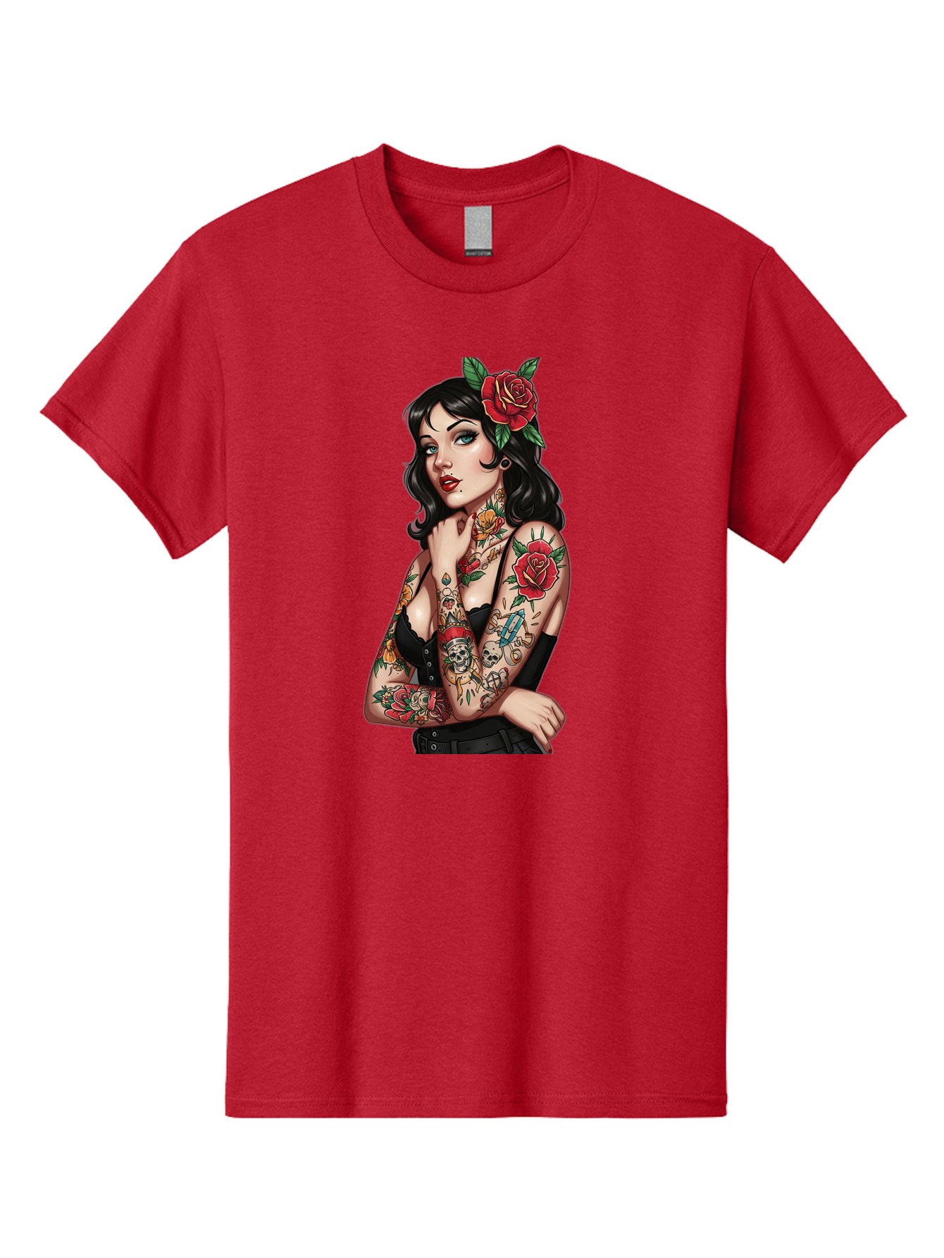 Pin-Up-Girl-Tattoos Men'S Graphic Tee, 100% Cotton, Comfortable Casual Summer Wear, Machine Washable, Tattooed Pin-Up Girl, Vintage Style, Rose In Hair, Arm Tattoos, Roses, Skull, Dagger, Edgy, Feminine Charm, Classic Tattoo Art, Body Art Bad417
