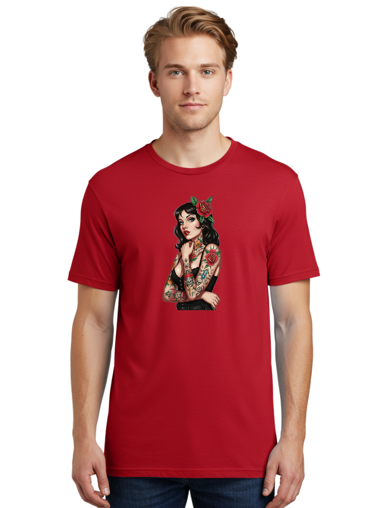 Pin-Up-Girl-Tattoos Men'S Graphic Tee, 100% Cotton, Comfortable Casual Summer Wear, Machine Washable, Tattooed Pin-Up Girl, Vintage Style, Rose In Hair, Arm Tattoos, Roses, Skull, Dagger, Edgy, Feminine Charm, Classic Tattoo Art, Body Art Bad417