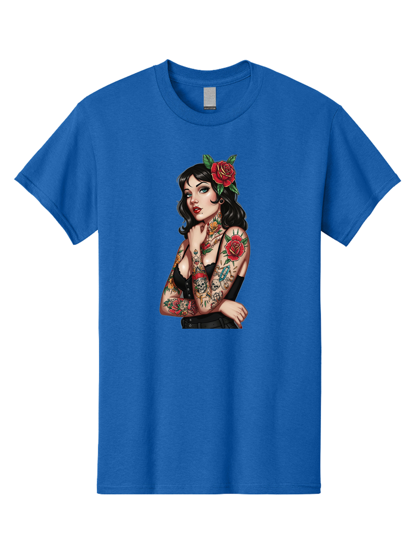 Pin-Up-Girl-Tattoos Men'S Graphic Tee, 100% Cotton, Comfortable Casual Summer Wear, Machine Washable, Tattooed Pin-Up Girl, Vintage Style, Rose In Hair, Arm Tattoos, Roses, Skull, Dagger, Edgy, Feminine Charm, Classic Tattoo Art, Body Art Bad417