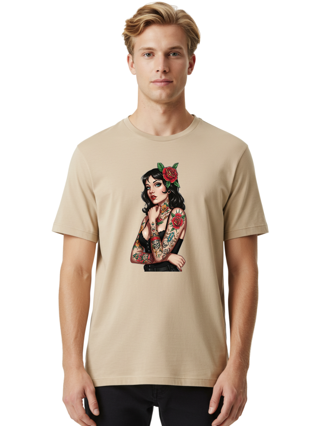 Pin-Up-Girl-Tattoos Men'S Graphic Tee, 100% Cotton, Comfortable Casual Summer Wear, Machine Washable, Tattooed Pin-Up Girl, Vintage Style, Rose In Hair, Arm Tattoos, Roses, Skull, Dagger, Edgy, Feminine Charm, Classic Tattoo Art, Body Art Bad417