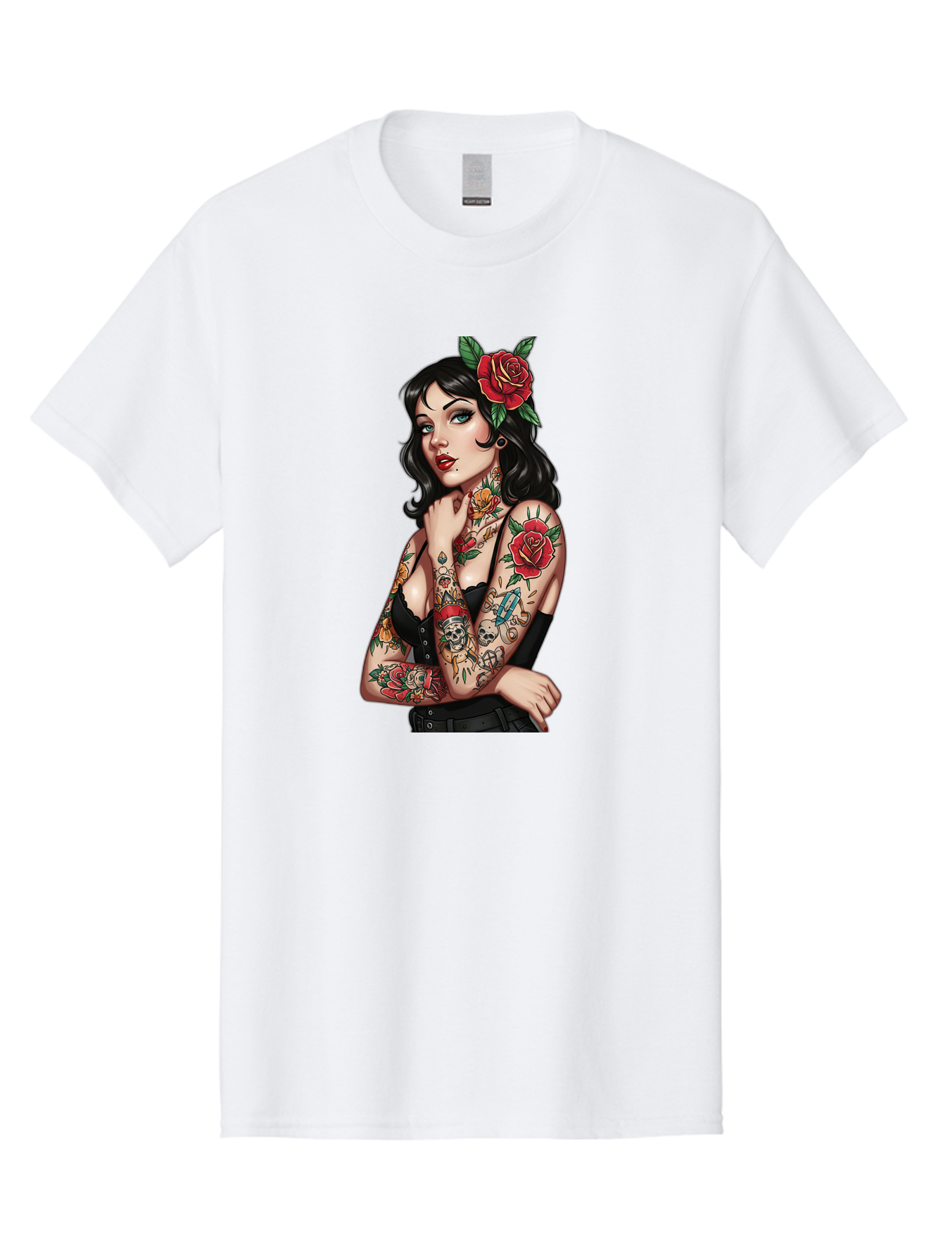 Pin-Up-Girl-Tattoos Men'S Graphic Tee, 100% Cotton, Comfortable Casual Summer Wear, Machine Washable, Tattooed Pin-Up Girl, Vintage Style, Rose In Hair, Arm Tattoos, Roses, Skull, Dagger, Edgy, Feminine Charm, Classic Tattoo Art, Body Art Bad417