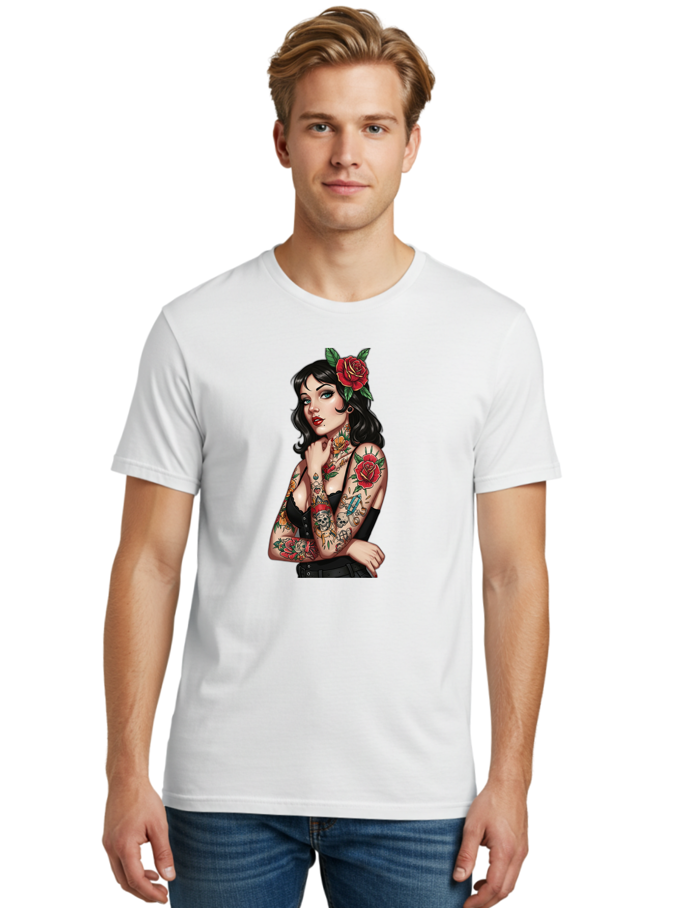 Pin-Up-Girl-Tattoos Men'S Graphic Tee, 100% Cotton, Comfortable Casual Summer Wear, Machine Washable, Tattooed Pin-Up Girl, Vintage Style, Rose In Hair, Arm Tattoos, Roses, Skull, Dagger, Edgy, Feminine Charm, Classic Tattoo Art, Body Art Bad417