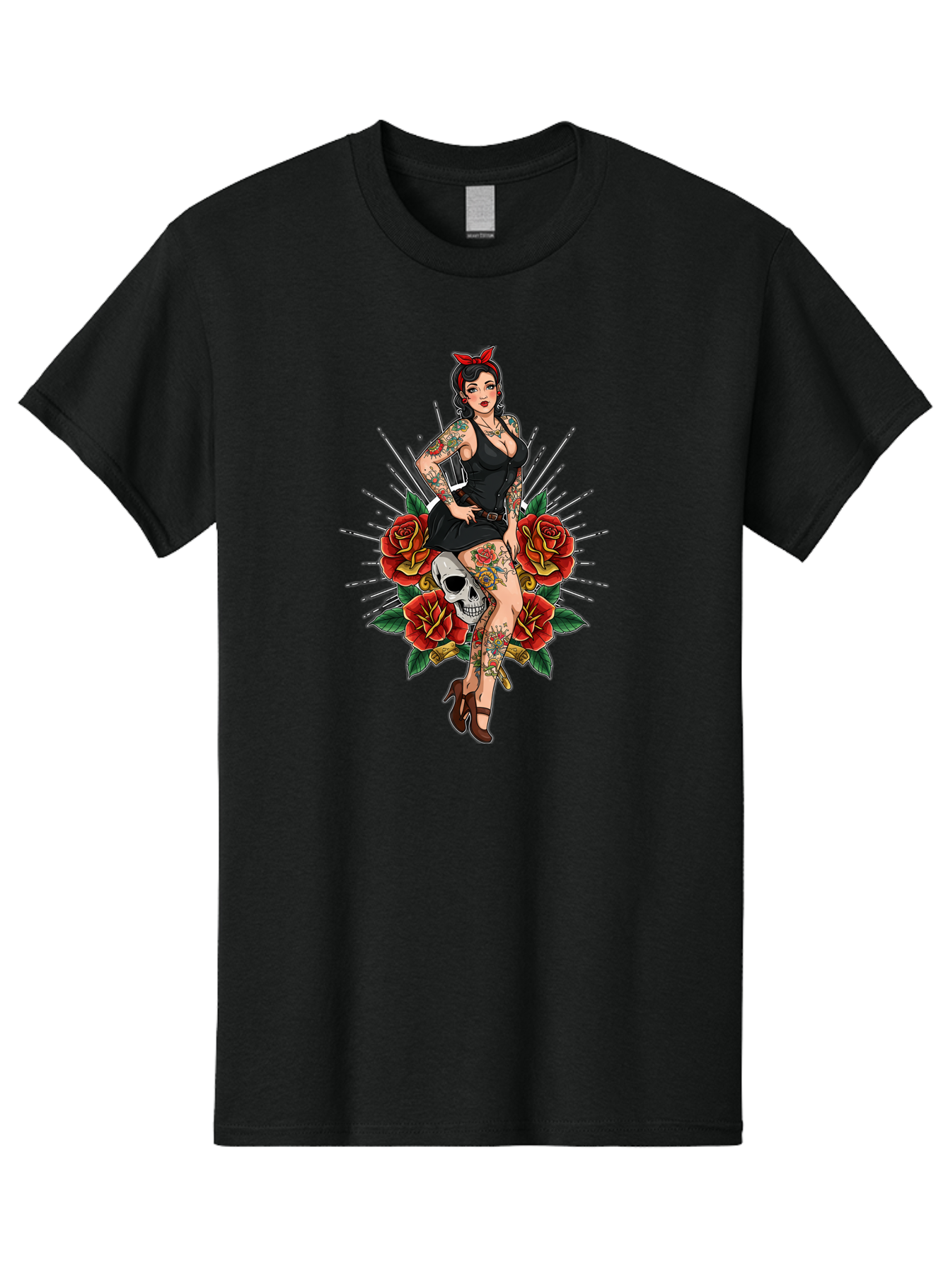 Pin-Up-Girl-With-Skull-And-Roses Men'S Graphic Tee, 100% Cotton, Comfortable Casual Summer Wear, Machine Washable, Pinup Girl, Tattoo Art, Red Roses, Skull, Daggers, Sexy Pose, Pin-Up Style, Vintage-Inspired, Bold Graphics, Feminine Charm, Bad418
