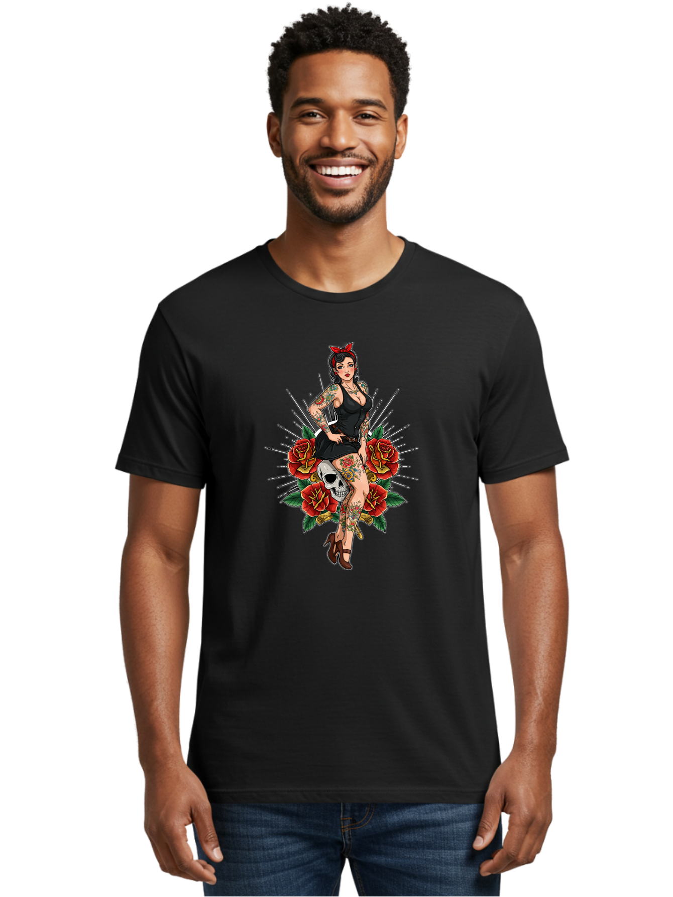 Pin-Up-Girl-With-Skull-And-Roses Men'S Graphic Tee, 100% Cotton, Comfortable Casual Summer Wear, Machine Washable, Pinup Girl, Tattoo Art, Red Roses, Skull, Daggers, Sexy Pose, Pin-Up Style, Vintage-Inspired, Bold Graphics, Feminine Charm, Bad418