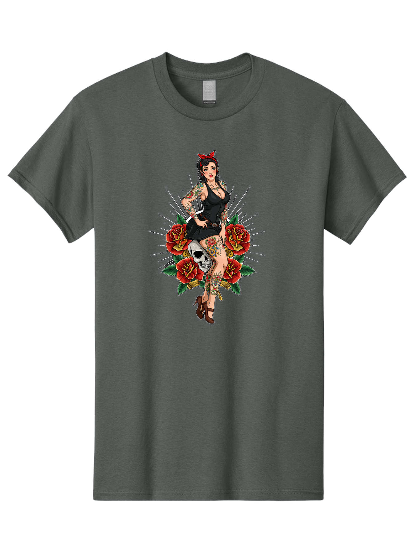 Pin-Up-Girl-With-Skull-And-Roses Men'S Graphic Tee, 100% Cotton, Comfortable Casual Summer Wear, Machine Washable, Pinup Girl, Tattoo Art, Red Roses, Skull, Daggers, Sexy Pose, Pin-Up Style, Vintage-Inspired, Bold Graphics, Feminine Charm, Bad418