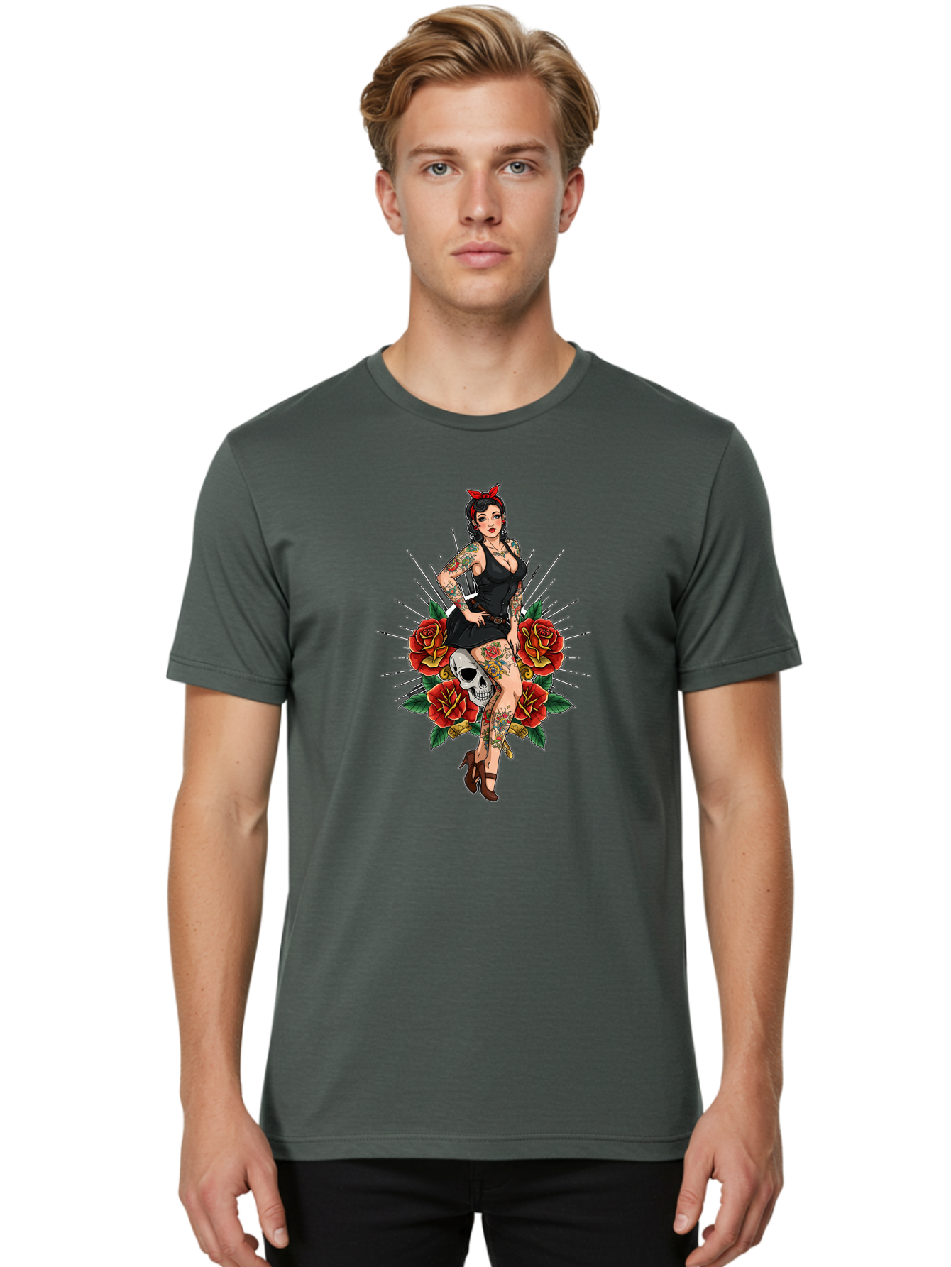 Pin-Up-Girl-With-Skull-And-Roses Men'S Graphic Tee, 100% Cotton, Comfortable Casual Summer Wear, Machine Washable, Pinup Girl, Tattoo Art, Red Roses, Skull, Daggers, Sexy Pose, Pin-Up Style, Vintage-Inspired, Bold Graphics, Feminine Charm, Bad418
