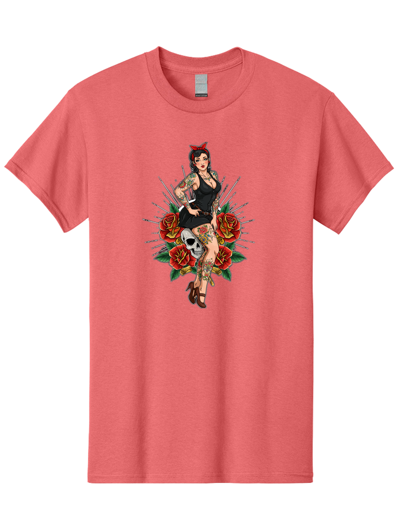 Pin-Up-Girl-With-Skull-And-Roses Men'S Graphic Tee, 100% Cotton, Comfortable Casual Summer Wear, Machine Washable, Pinup Girl, Tattoo Art, Red Roses, Skull, Daggers, Sexy Pose, Pin-Up Style, Vintage-Inspired, Bold Graphics, Feminine Charm, Bad418