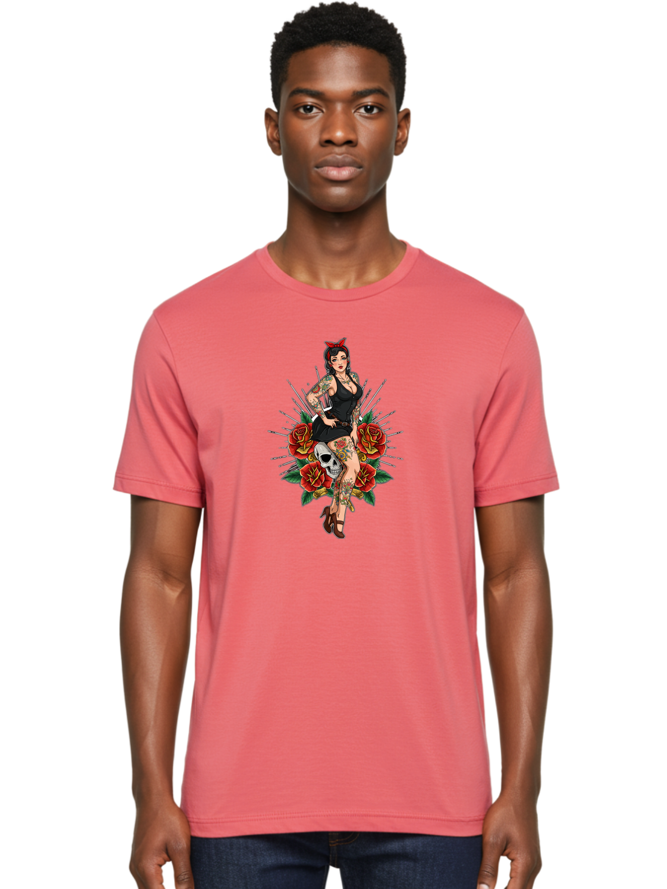 Pin-Up-Girl-With-Skull-And-Roses Men'S Graphic Tee, 100% Cotton, Comfortable Casual Summer Wear, Machine Washable, Pinup Girl, Tattoo Art, Red Roses, Skull, Daggers, Sexy Pose, Pin-Up Style, Vintage-Inspired, Bold Graphics, Feminine Charm, Bad418