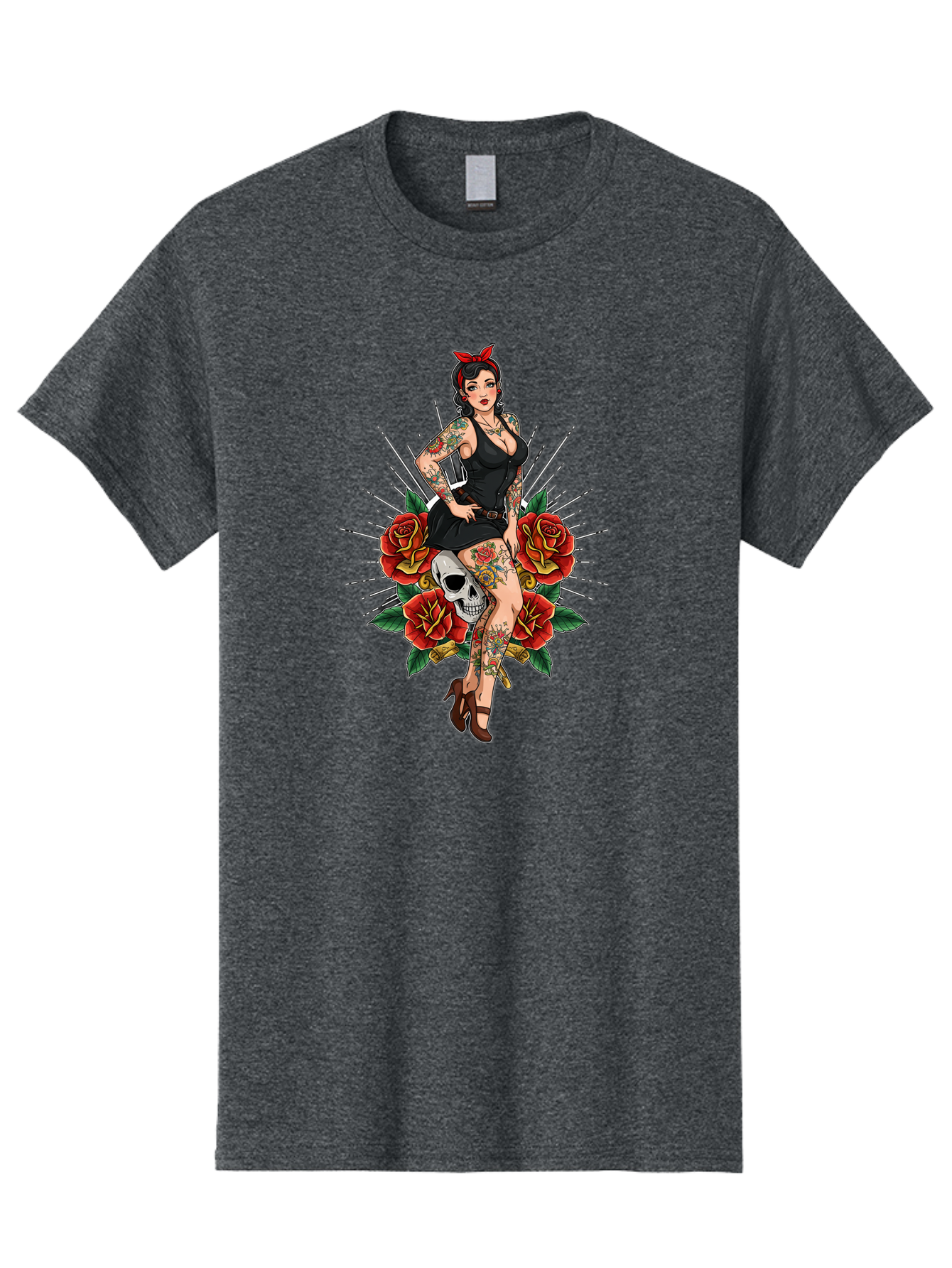 Pin-Up-Girl-With-Skull-And-Roses Men'S Graphic Tee, 100% Cotton, Comfortable Casual Summer Wear, Machine Washable, Pinup Girl, Tattoo Art, Red Roses, Skull, Daggers, Sexy Pose, Pin-Up Style, Vintage-Inspired, Bold Graphics, Feminine Charm, Bad418