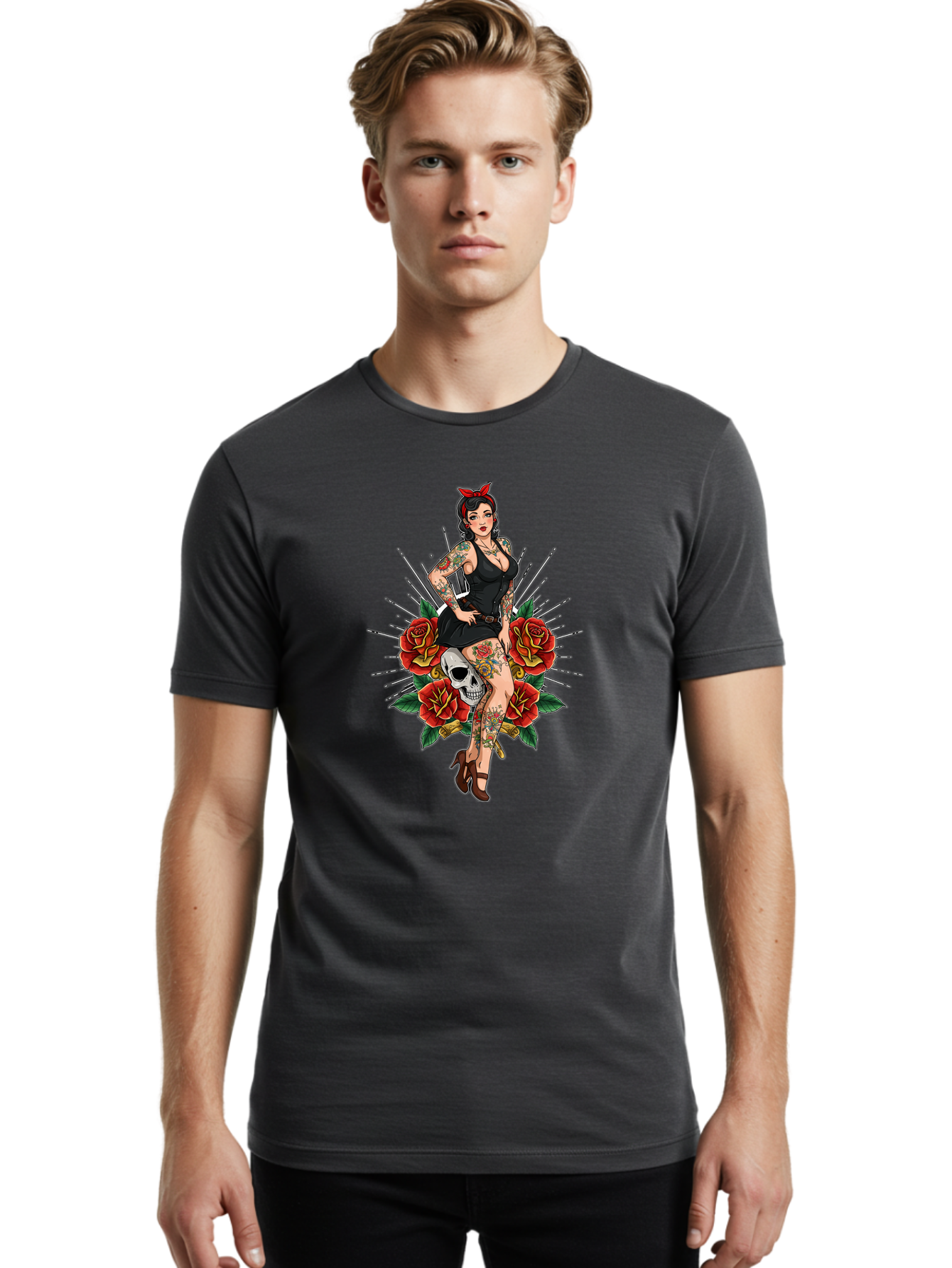 Pin-Up-Girl-With-Skull-And-Roses Men'S Graphic Tee, 100% Cotton, Comfortable Casual Summer Wear, Machine Washable, Pinup Girl, Tattoo Art, Red Roses, Skull, Daggers, Sexy Pose, Pin-Up Style, Vintage-Inspired, Bold Graphics, Feminine Charm, Bad418