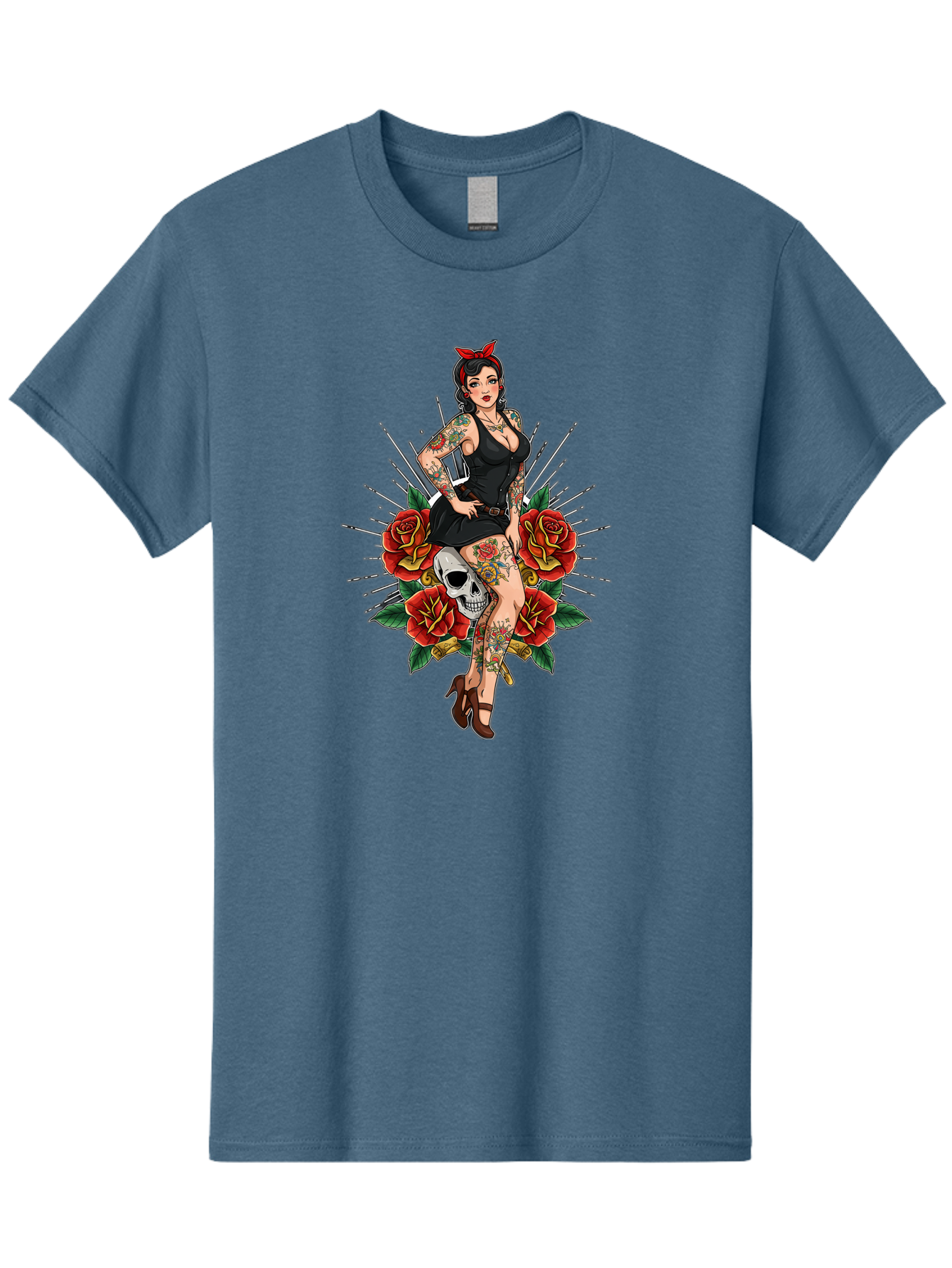 Pin-Up-Girl-With-Skull-And-Roses Men'S Graphic Tee, 100% Cotton, Comfortable Casual Summer Wear, Machine Washable, Pinup Girl, Tattoo Art, Red Roses, Skull, Daggers, Sexy Pose, Pin-Up Style, Vintage-Inspired, Bold Graphics, Feminine Charm, Bad418