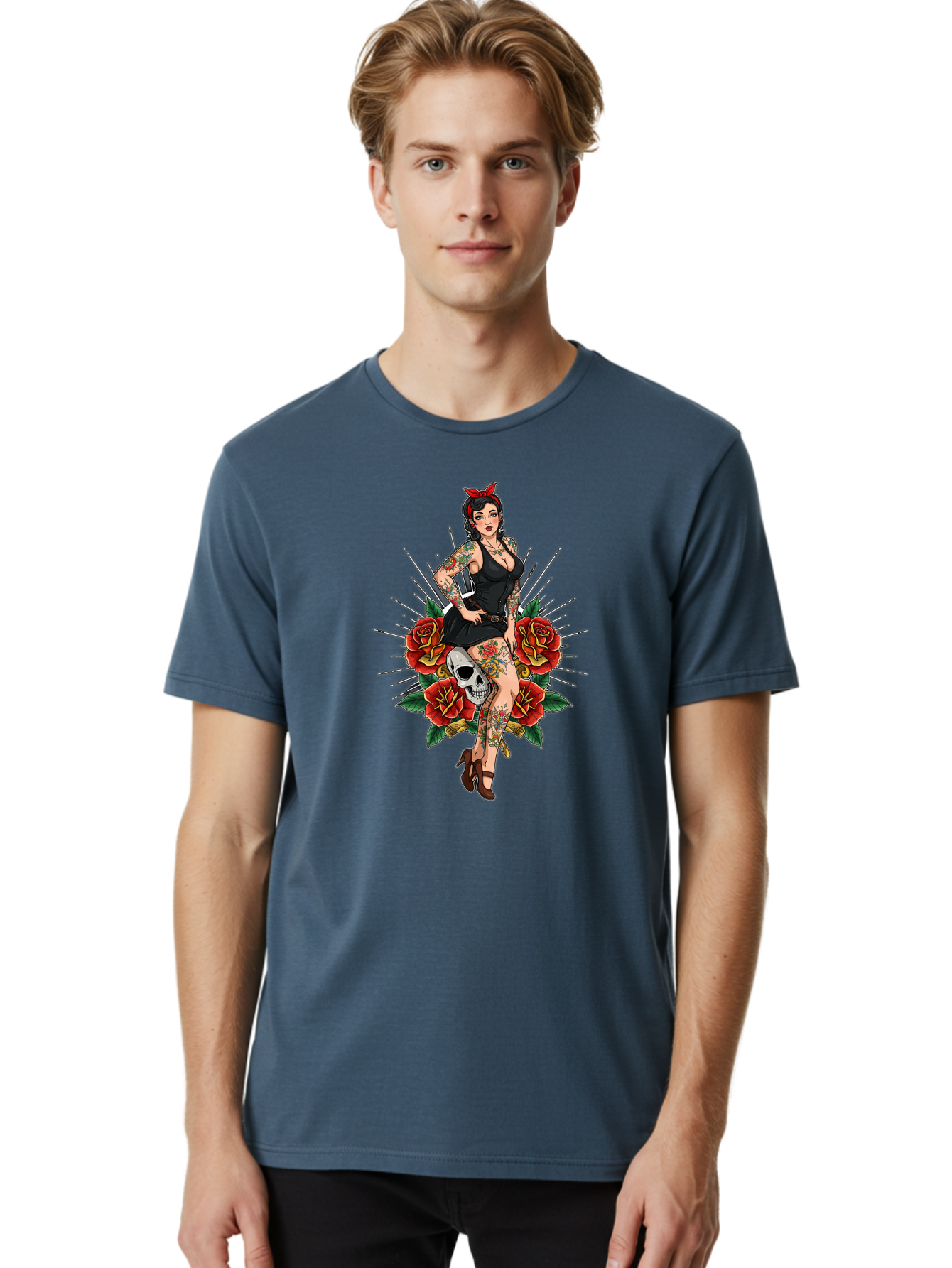 Pin-Up-Girl-With-Skull-And-Roses Men'S Graphic Tee, 100% Cotton, Comfortable Casual Summer Wear, Machine Washable, Pinup Girl, Tattoo Art, Red Roses, Skull, Daggers, Sexy Pose, Pin-Up Style, Vintage-Inspired, Bold Graphics, Feminine Charm, Bad418