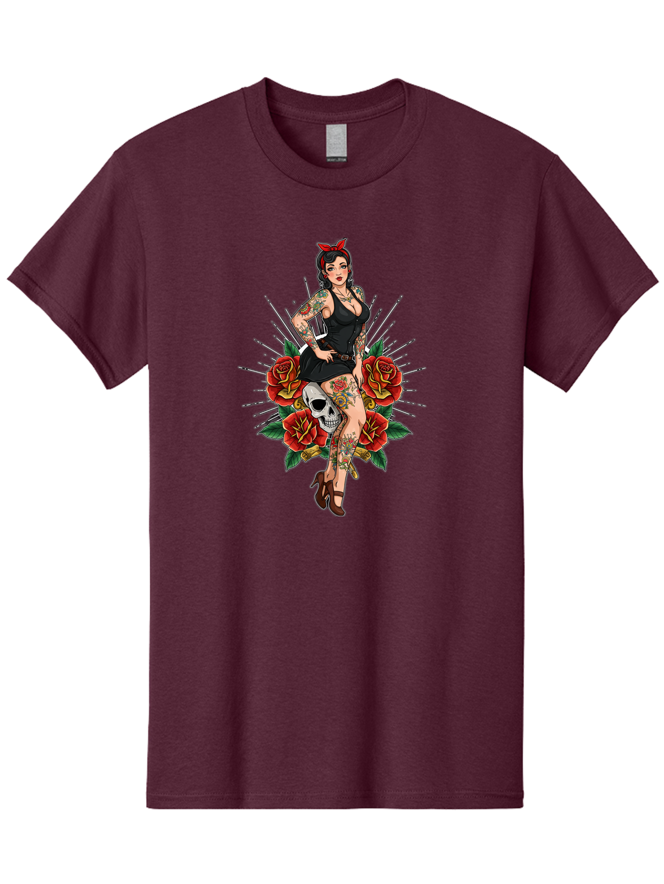Pin-Up-Girl-With-Skull-And-Roses Men'S Graphic Tee, 100% Cotton, Comfortable Casual Summer Wear, Machine Washable, Pinup Girl, Tattoo Art, Red Roses, Skull, Daggers, Sexy Pose, Pin-Up Style, Vintage-Inspired, Bold Graphics, Feminine Charm, Bad418