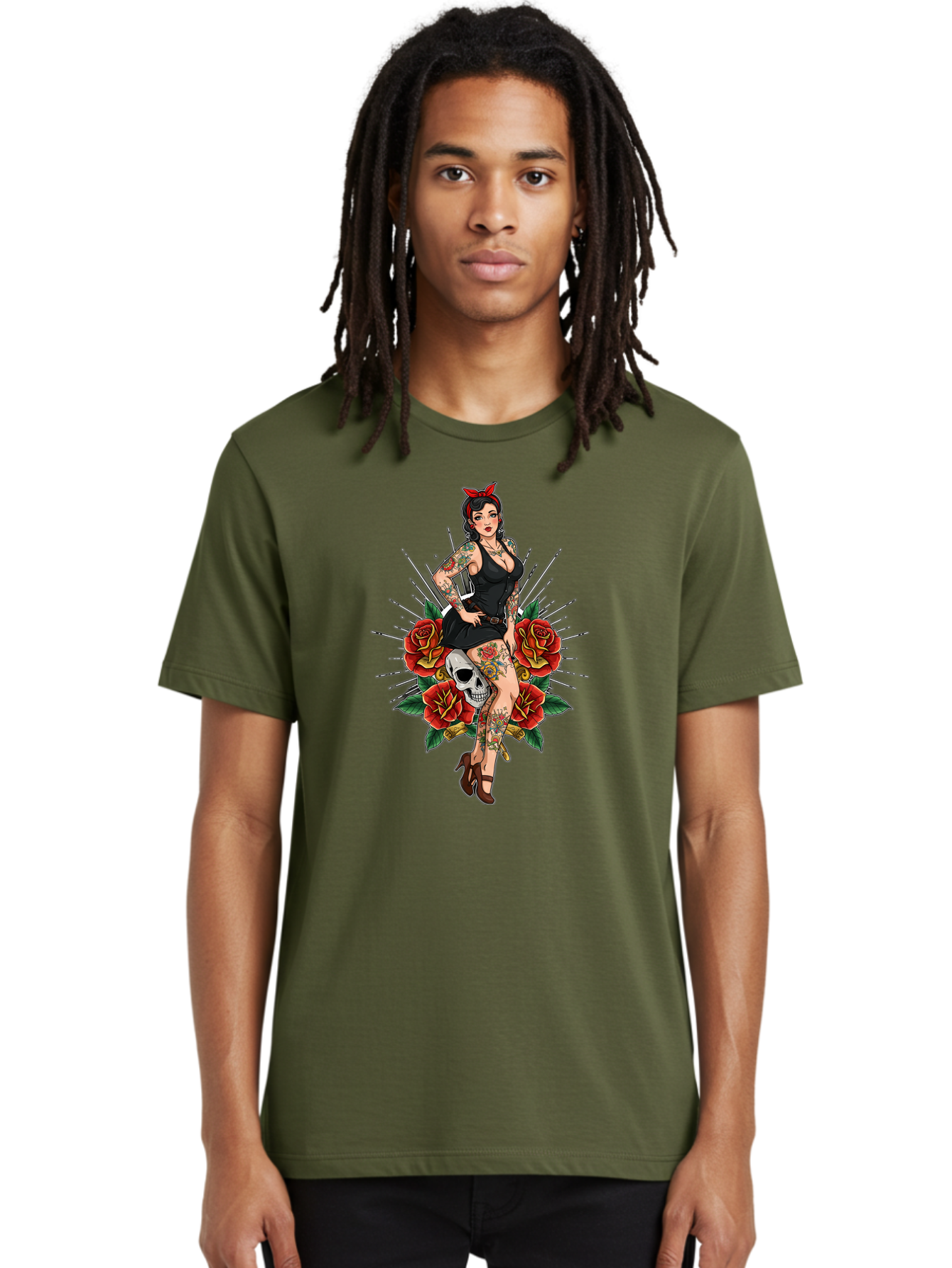 Pin-Up-Girl-With-Skull-And-Roses Men'S Graphic Tee, 100% Cotton, Comfortable Casual Summer Wear, Machine Washable, Pinup Girl, Tattoo Art, Red Roses, Skull, Daggers, Sexy Pose, Pin-Up Style, Vintage-Inspired, Bold Graphics, Feminine Charm, Bad418