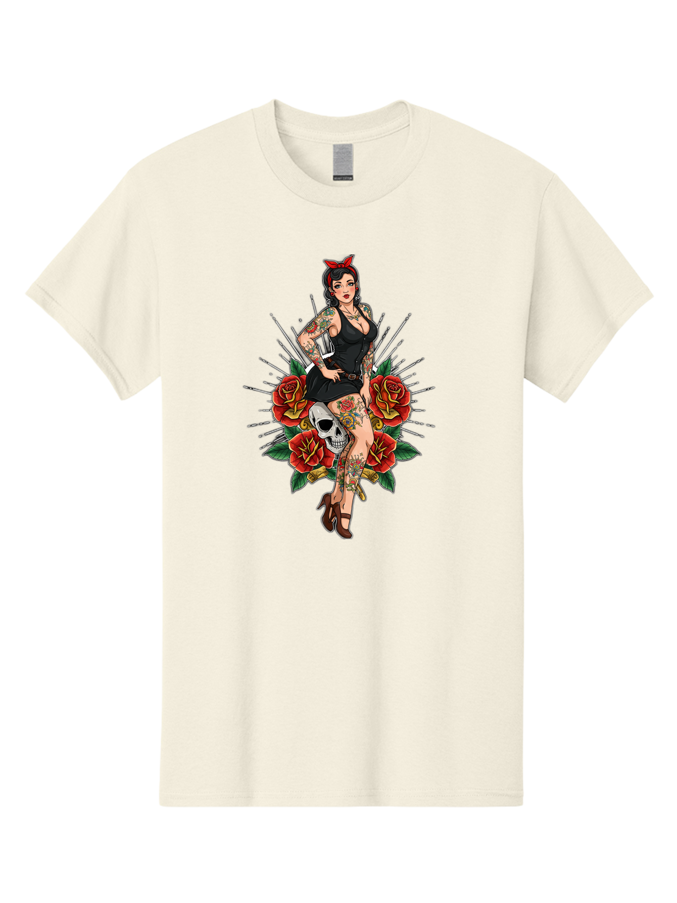Pin-Up-Girl-With-Skull-And-Roses Men'S Graphic Tee, 100% Cotton, Comfortable Casual Summer Wear, Machine Washable, Pinup Girl, Tattoo Art, Red Roses, Skull, Daggers, Sexy Pose, Pin-Up Style, Vintage-Inspired, Bold Graphics, Feminine Charm, Bad418