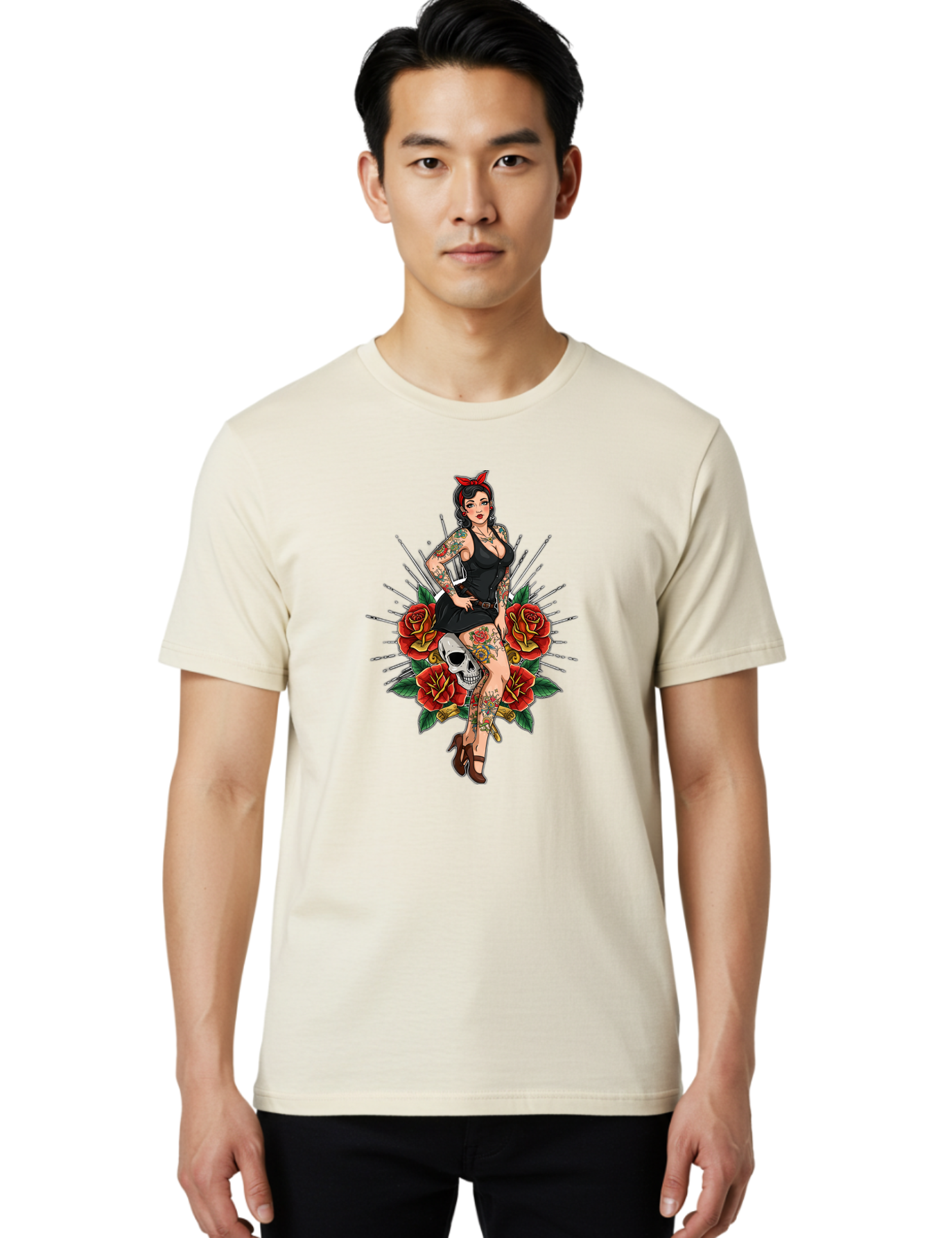 Pin-Up-Girl-With-Skull-And-Roses Men'S Graphic Tee, 100% Cotton, Comfortable Casual Summer Wear, Machine Washable, Pinup Girl, Tattoo Art, Red Roses, Skull, Daggers, Sexy Pose, Pin-Up Style, Vintage-Inspired, Bold Graphics, Feminine Charm, Bad418