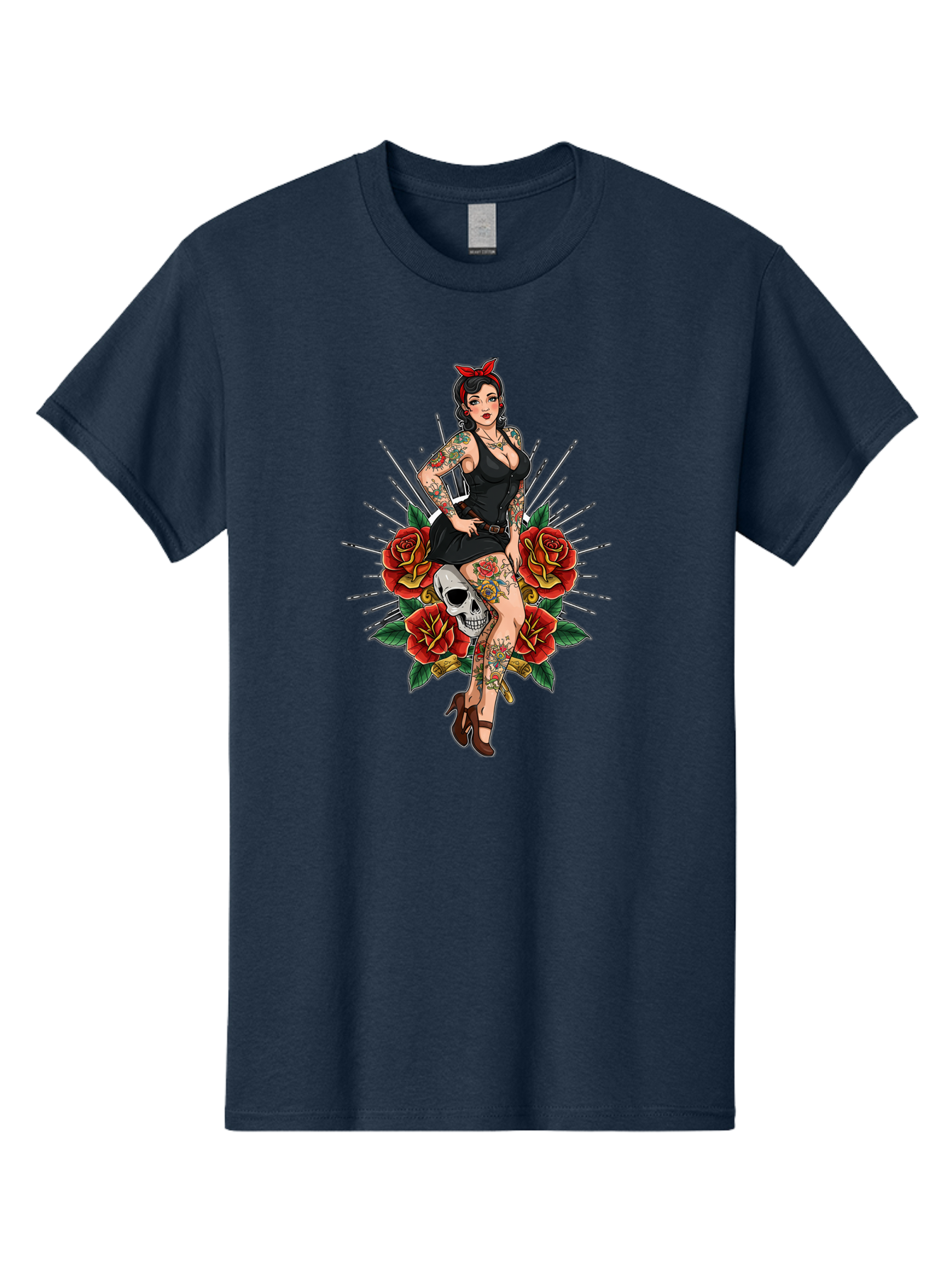 Pin-Up-Girl-With-Skull-And-Roses Men'S Graphic Tee, 100% Cotton, Comfortable Casual Summer Wear, Machine Washable, Pinup Girl, Tattoo Art, Red Roses, Skull, Daggers, Sexy Pose, Pin-Up Style, Vintage-Inspired, Bold Graphics, Feminine Charm, Bad418