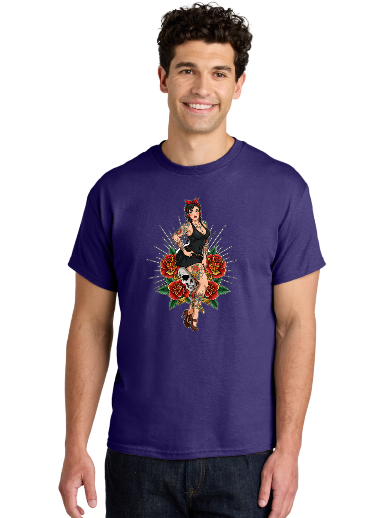 Pin-Up-Girl-With-Skull-And-Roses Men'S Graphic Tee, 100% Cotton, Comfortable Casual Summer Wear, Machine Washable, Pinup Girl, Tattoo Art, Red Roses, Skull, Daggers, Sexy Pose, Pin-Up Style, Vintage-Inspired, Bold Graphics, Feminine Charm, Bad418