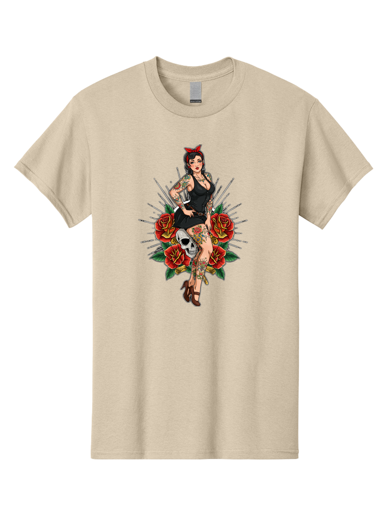 Pin-Up-Girl-With-Skull-And-Roses Men'S Graphic Tee, 100% Cotton, Comfortable Casual Summer Wear, Machine Washable, Pinup Girl, Tattoo Art, Red Roses, Skull, Daggers, Sexy Pose, Pin-Up Style, Vintage-Inspired, Bold Graphics, Feminine Charm, Bad418