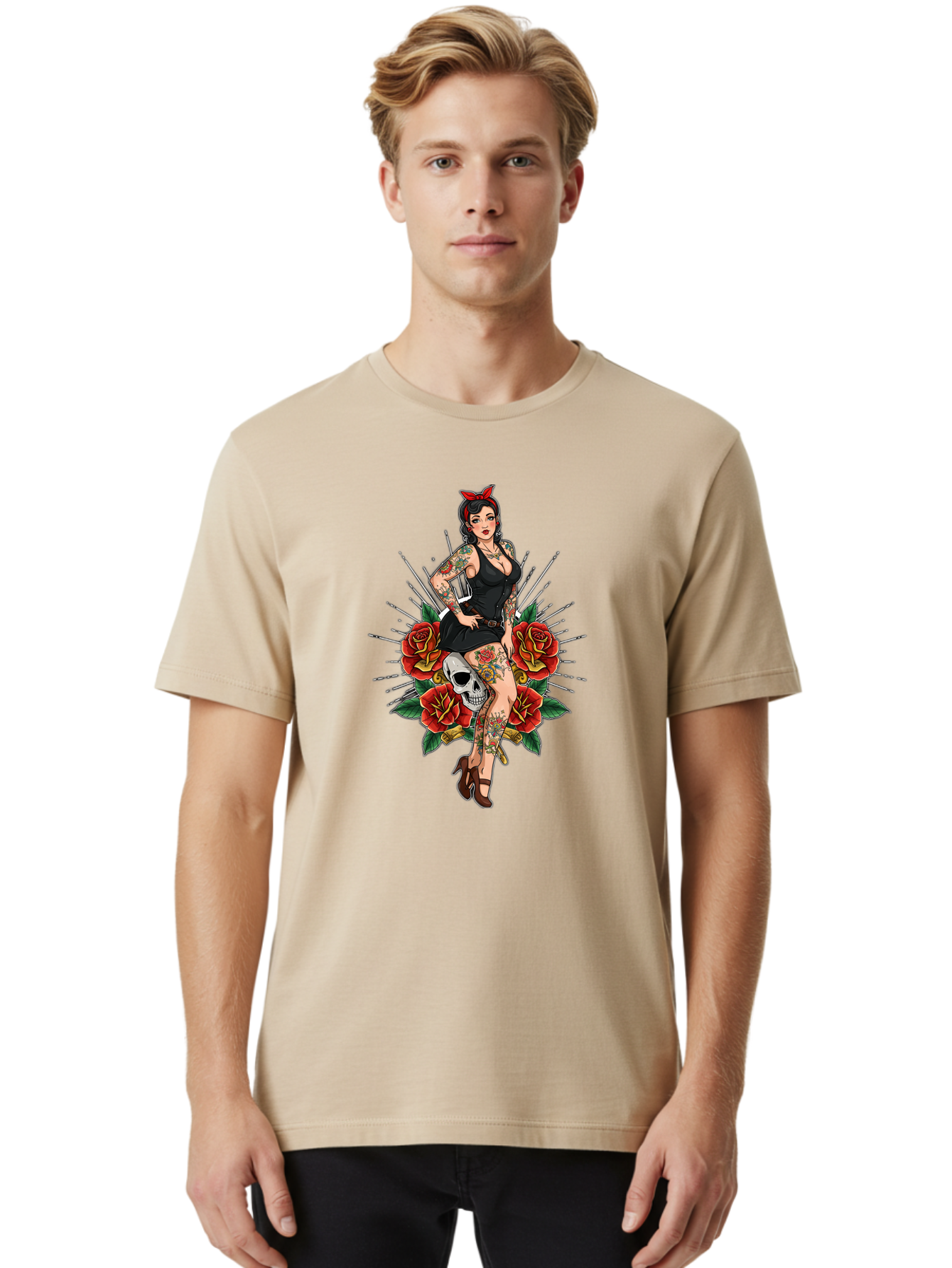 Pin-Up-Girl-With-Skull-And-Roses Men'S Graphic Tee, 100% Cotton, Comfortable Casual Summer Wear, Machine Washable, Pinup Girl, Tattoo Art, Red Roses, Skull, Daggers, Sexy Pose, Pin-Up Style, Vintage-Inspired, Bold Graphics, Feminine Charm, Bad418