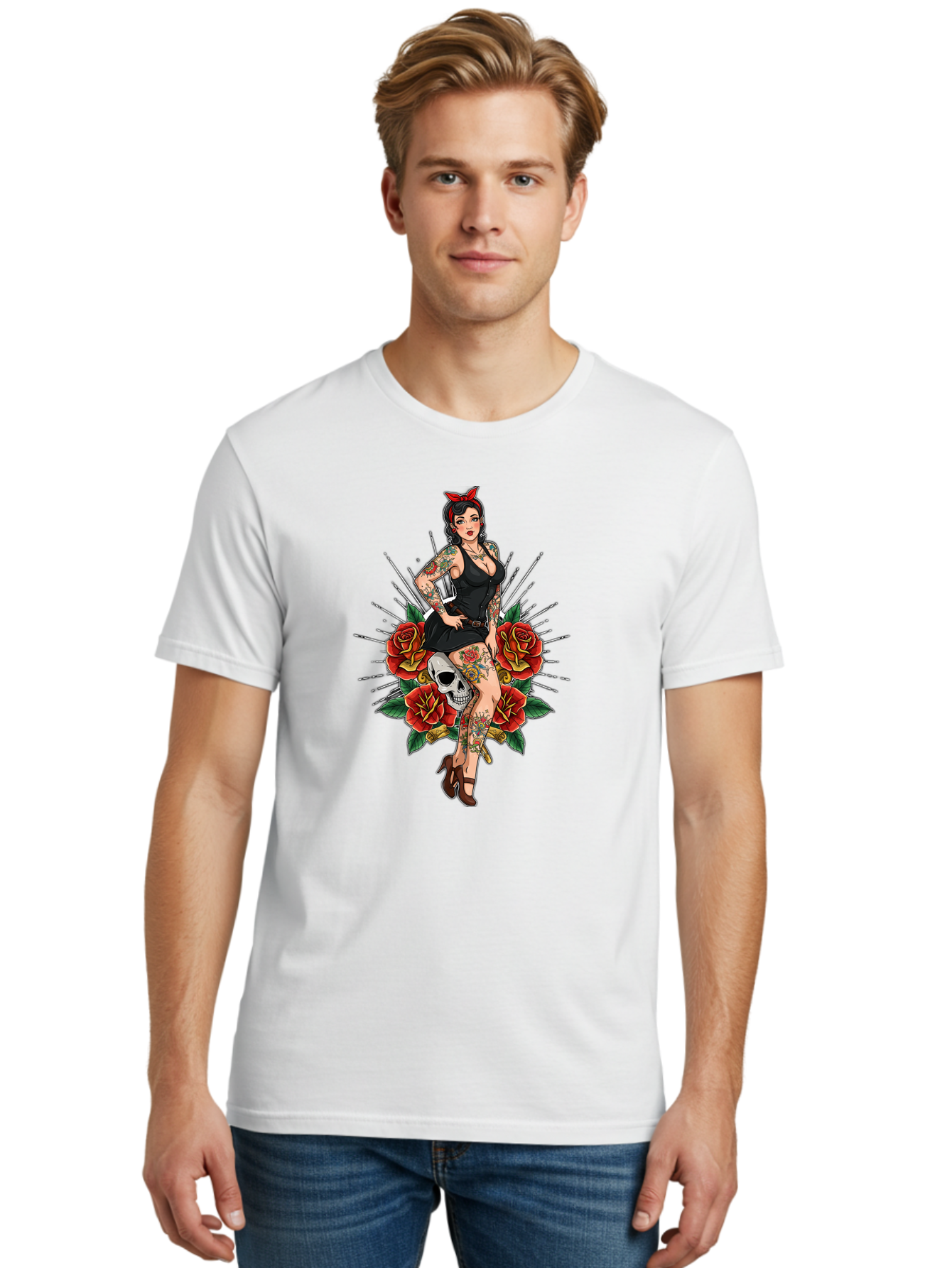 Pin-Up-Girl-With-Skull-And-Roses Men'S Graphic Tee, 100% Cotton, Comfortable Casual Summer Wear, Machine Washable, Pinup Girl, Tattoo Art, Red Roses, Skull, Daggers, Sexy Pose, Pin-Up Style, Vintage-Inspired, Bold Graphics, Feminine Charm, Bad418