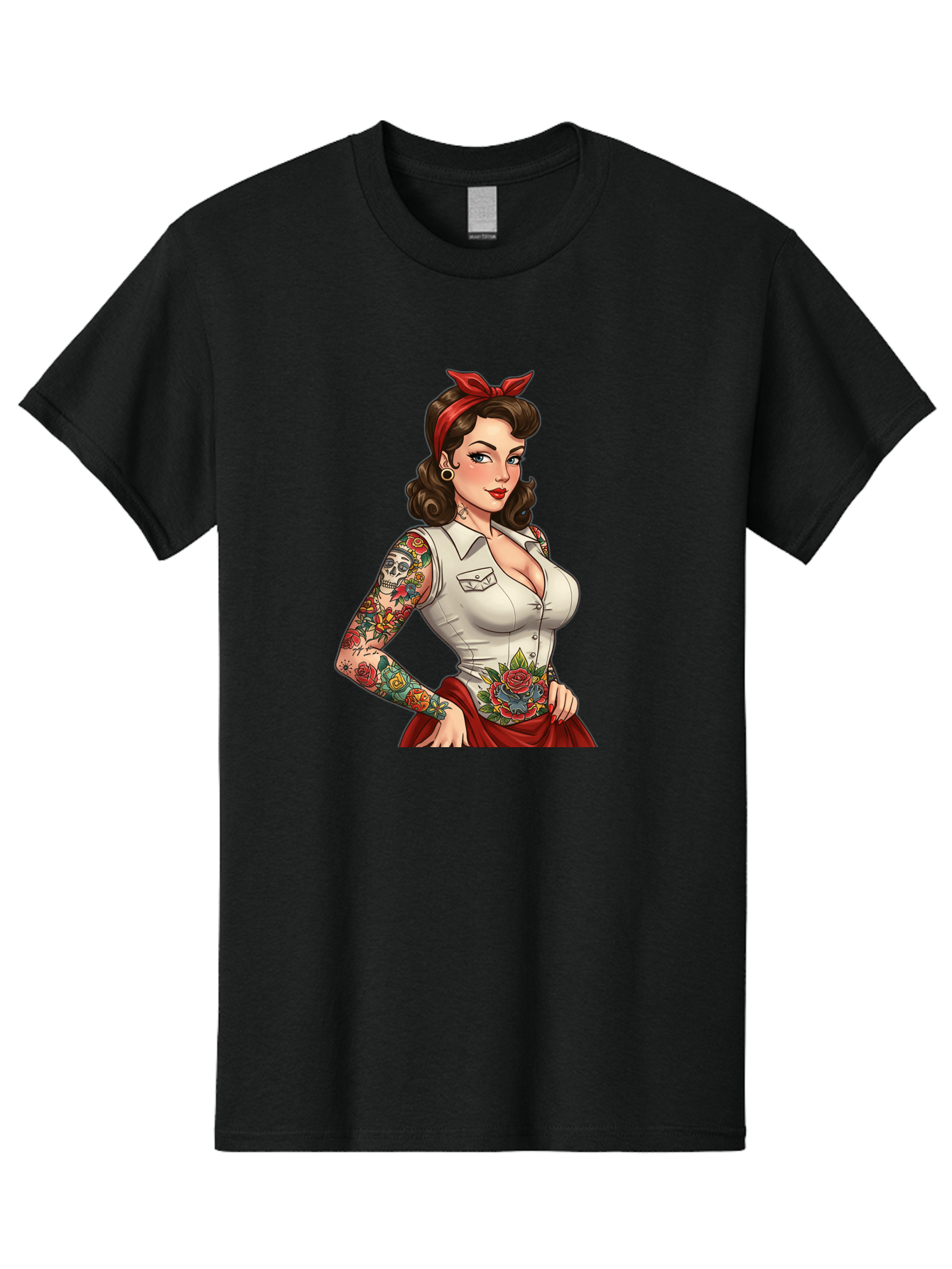 Pin-Up-Girl Men'S Graphic Tee, 100% Cotton, Comfortable Casual Summer Wear, Machine Washable, Pin-Up Girl, Vintage Style, Tattoos, Red Skirt, White Shirt, Curvy Figure, Cartoon Character, Retro Aesthetic, Feminine Charm, Bold And Sassy, Bad419