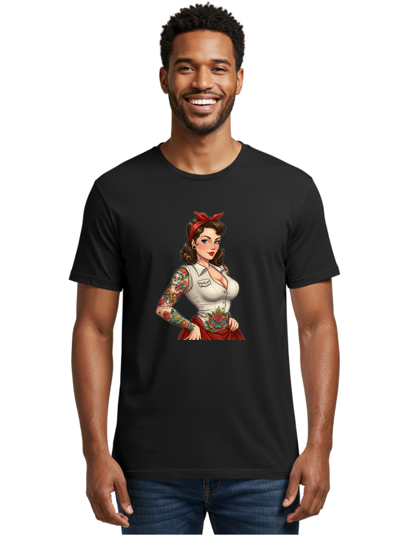 Pin-Up-Girl Men'S Graphic Tee, 100% Cotton, Comfortable Casual Summer Wear, Machine Washable, Pin-Up Girl, Vintage Style, Tattoos, Red Skirt, White Shirt, Curvy Figure, Cartoon Character, Retro Aesthetic, Feminine Charm, Bold And Sassy, Bad419
