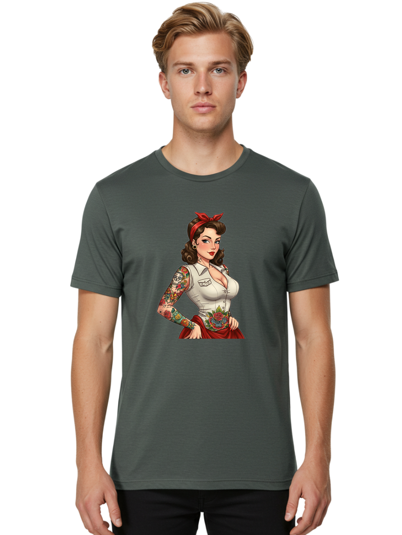 Pin-Up-Girl Men'S Graphic Tee, 100% Cotton, Comfortable Casual Summer Wear, Machine Washable, Pin-Up Girl, Vintage Style, Tattoos, Red Skirt, White Shirt, Curvy Figure, Cartoon Character, Retro Aesthetic, Feminine Charm, Bold And Sassy, Bad419