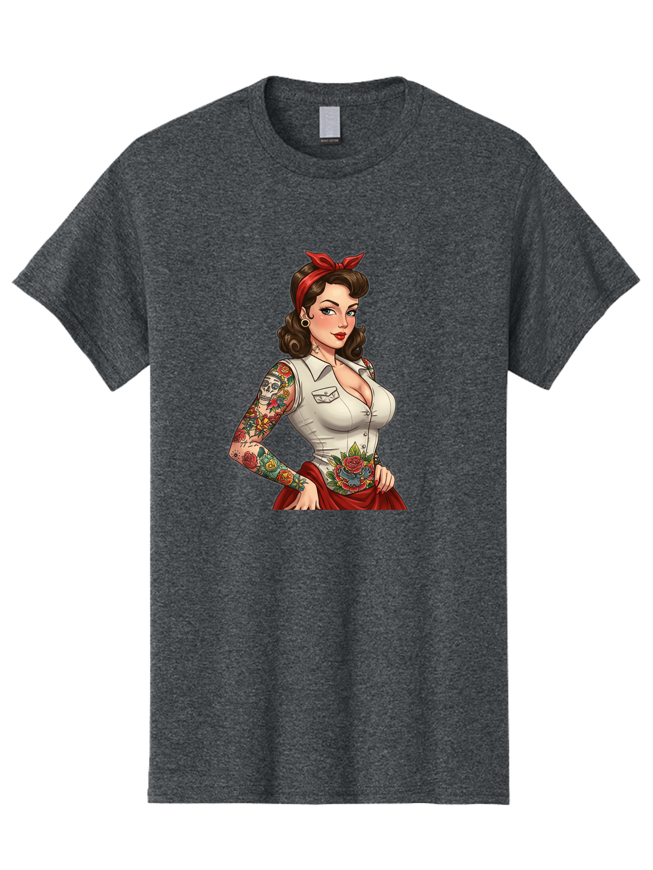 Pin-Up-Girl Men'S Graphic Tee, 100% Cotton, Comfortable Casual Summer Wear, Machine Washable, Pin-Up Girl, Vintage Style, Tattoos, Red Skirt, White Shirt, Curvy Figure, Cartoon Character, Retro Aesthetic, Feminine Charm, Bold And Sassy, Bad419