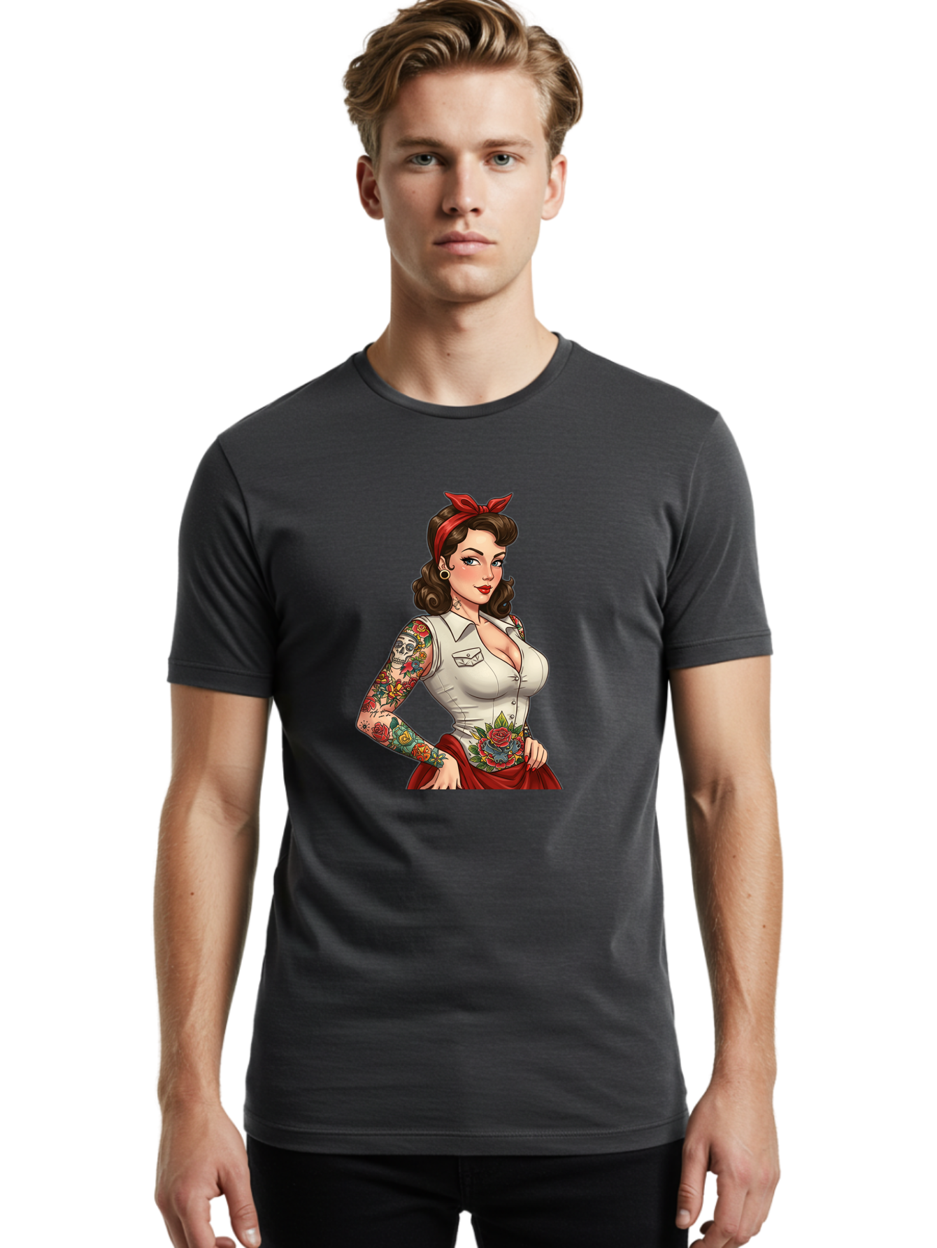 Pin-Up-Girl Men'S Graphic Tee, 100% Cotton, Comfortable Casual Summer Wear, Machine Washable, Pin-Up Girl, Vintage Style, Tattoos, Red Skirt, White Shirt, Curvy Figure, Cartoon Character, Retro Aesthetic, Feminine Charm, Bold And Sassy, Bad419