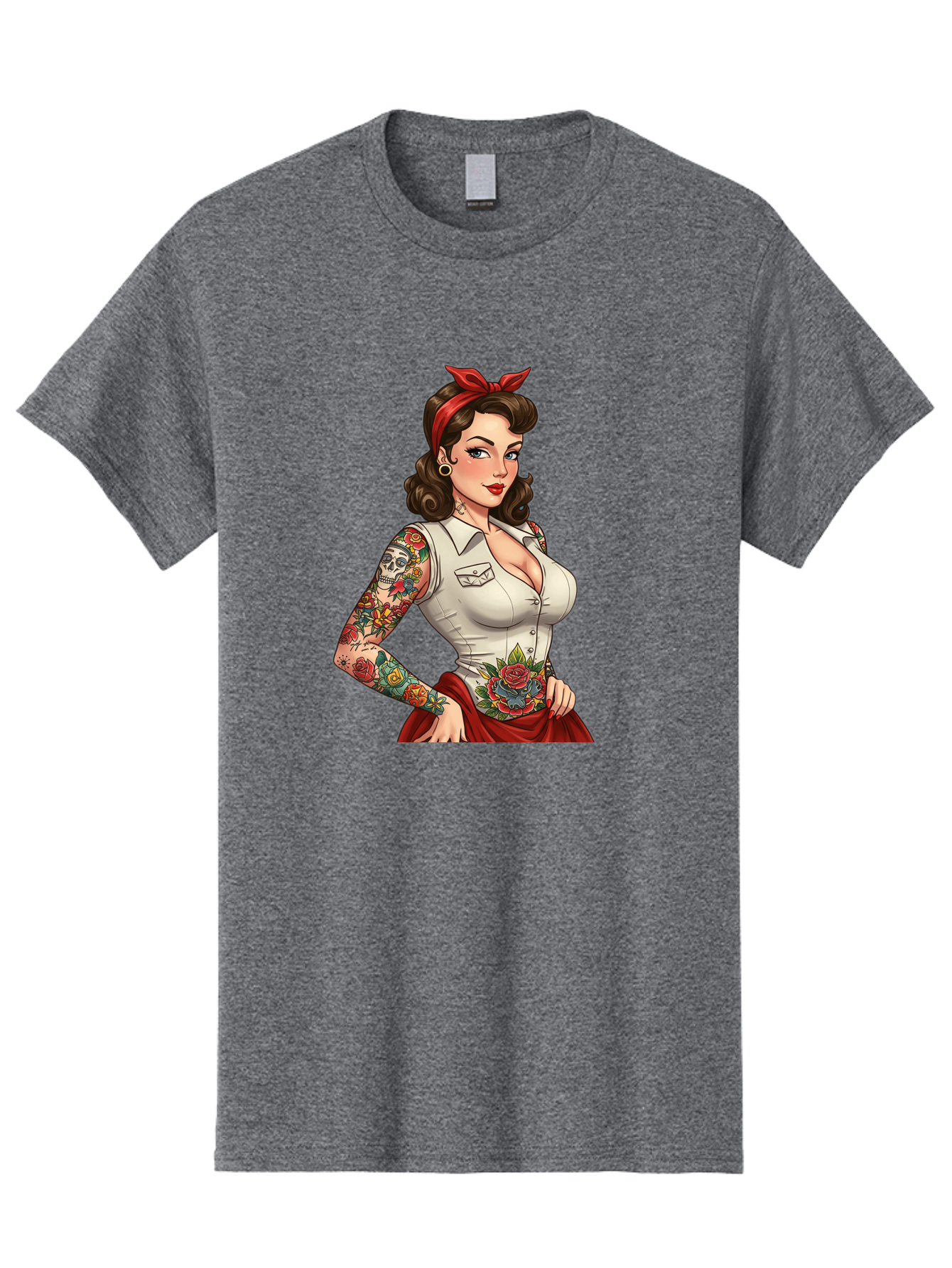 Pin-Up-Girl Men'S Graphic Tee, 100% Cotton, Comfortable Casual Summer Wear, Machine Washable, Pin-Up Girl, Vintage Style, Tattoos, Red Skirt, White Shirt, Curvy Figure, Cartoon Character, Retro Aesthetic, Feminine Charm, Bold And Sassy, Bad419