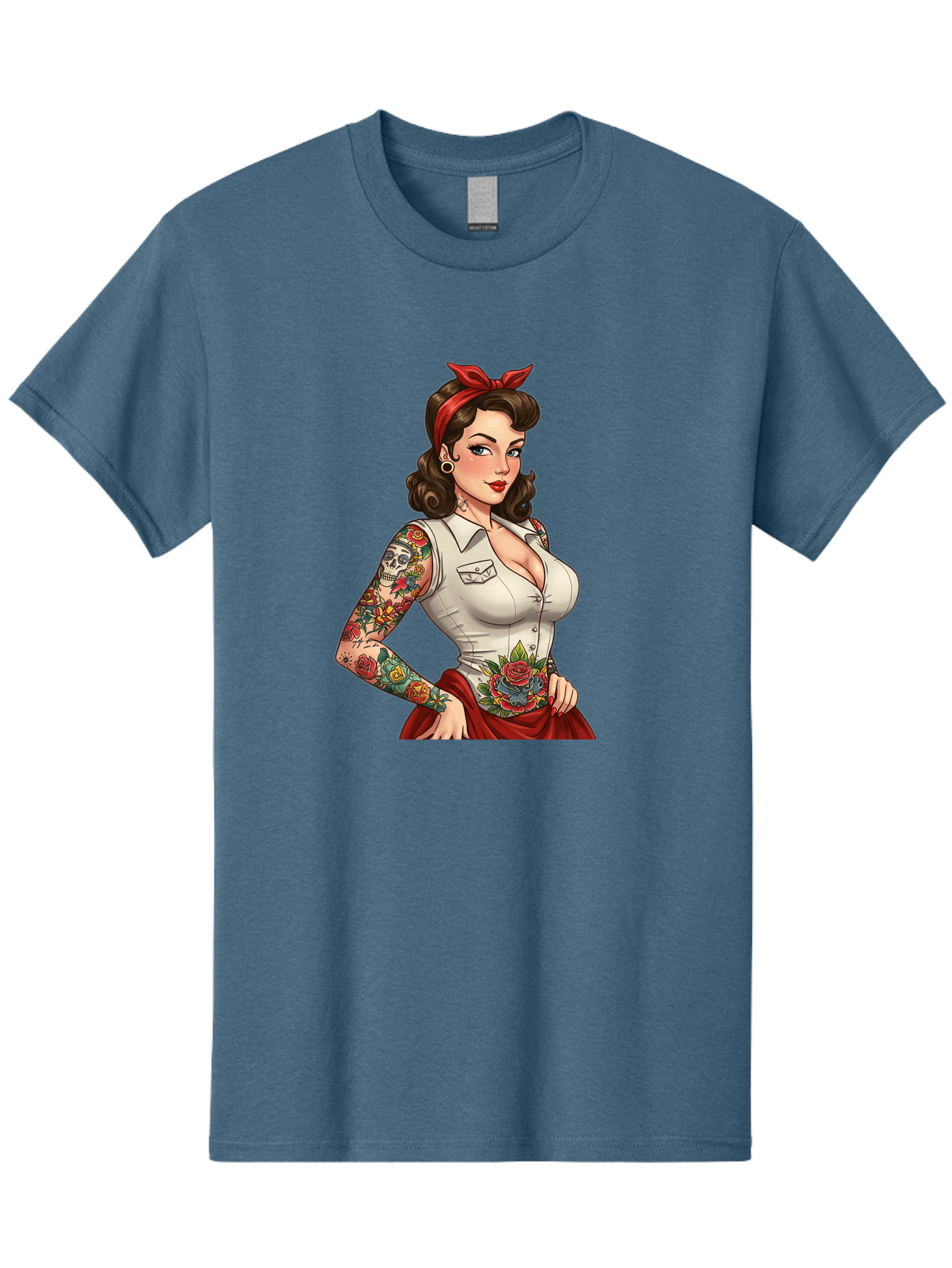 Pin-Up-Girl Men'S Graphic Tee, 100% Cotton, Comfortable Casual Summer Wear, Machine Washable, Pin-Up Girl, Vintage Style, Tattoos, Red Skirt, White Shirt, Curvy Figure, Cartoon Character, Retro Aesthetic, Feminine Charm, Bold And Sassy, Bad419