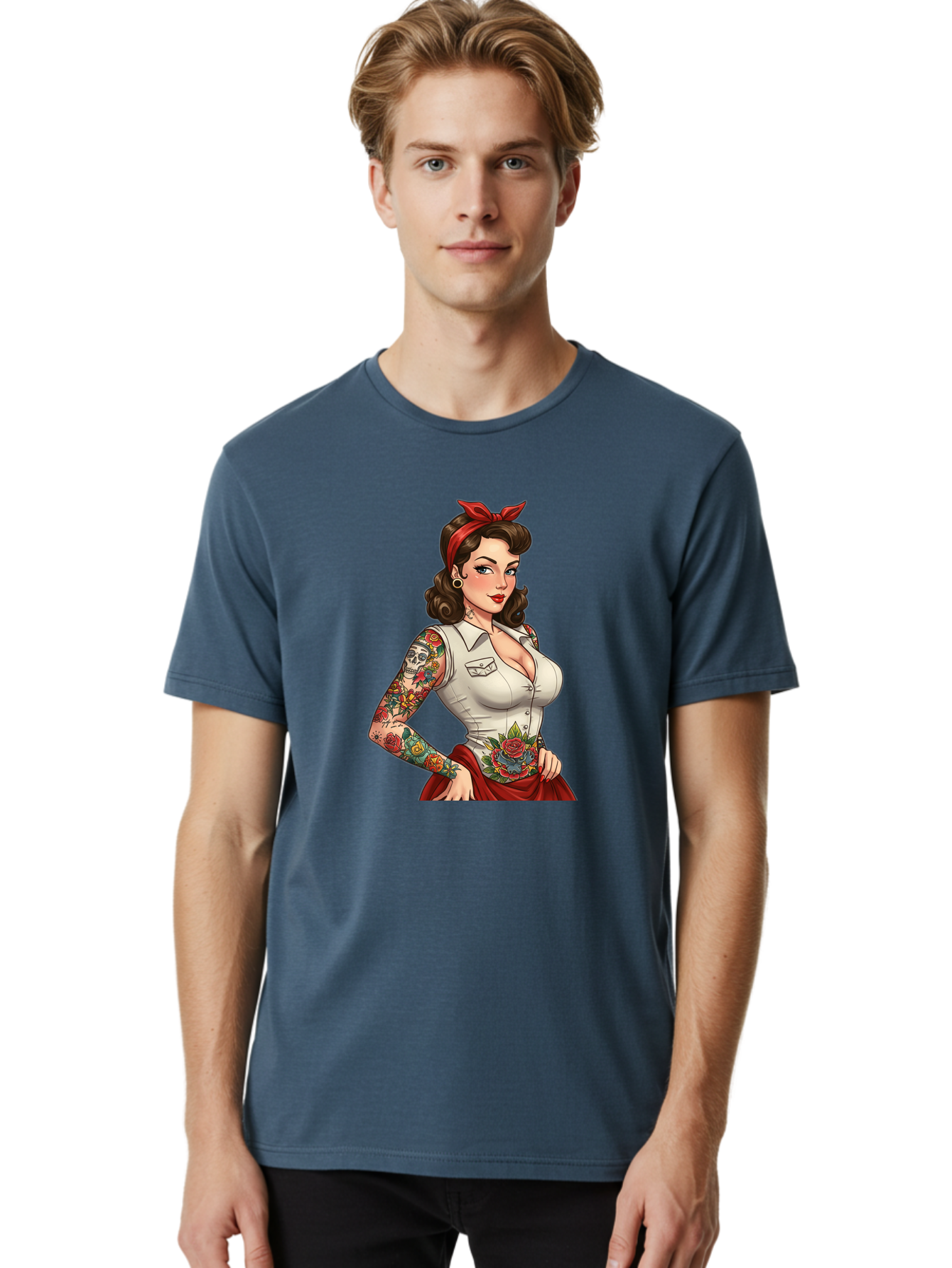 Pin-Up-Girl Men'S Graphic Tee, 100% Cotton, Comfortable Casual Summer Wear, Machine Washable, Pin-Up Girl, Vintage Style, Tattoos, Red Skirt, White Shirt, Curvy Figure, Cartoon Character, Retro Aesthetic, Feminine Charm, Bold And Sassy, Bad419