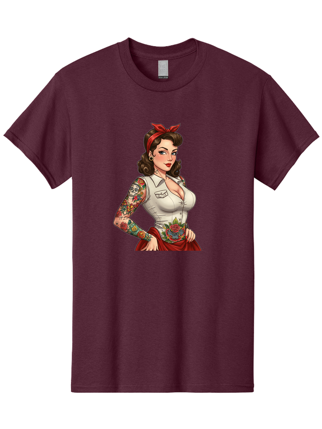 Pin-Up-Girl Men'S Graphic Tee, 100% Cotton, Comfortable Casual Summer Wear, Machine Washable, Pin-Up Girl, Vintage Style, Tattoos, Red Skirt, White Shirt, Curvy Figure, Cartoon Character, Retro Aesthetic, Feminine Charm, Bold And Sassy, Bad419
