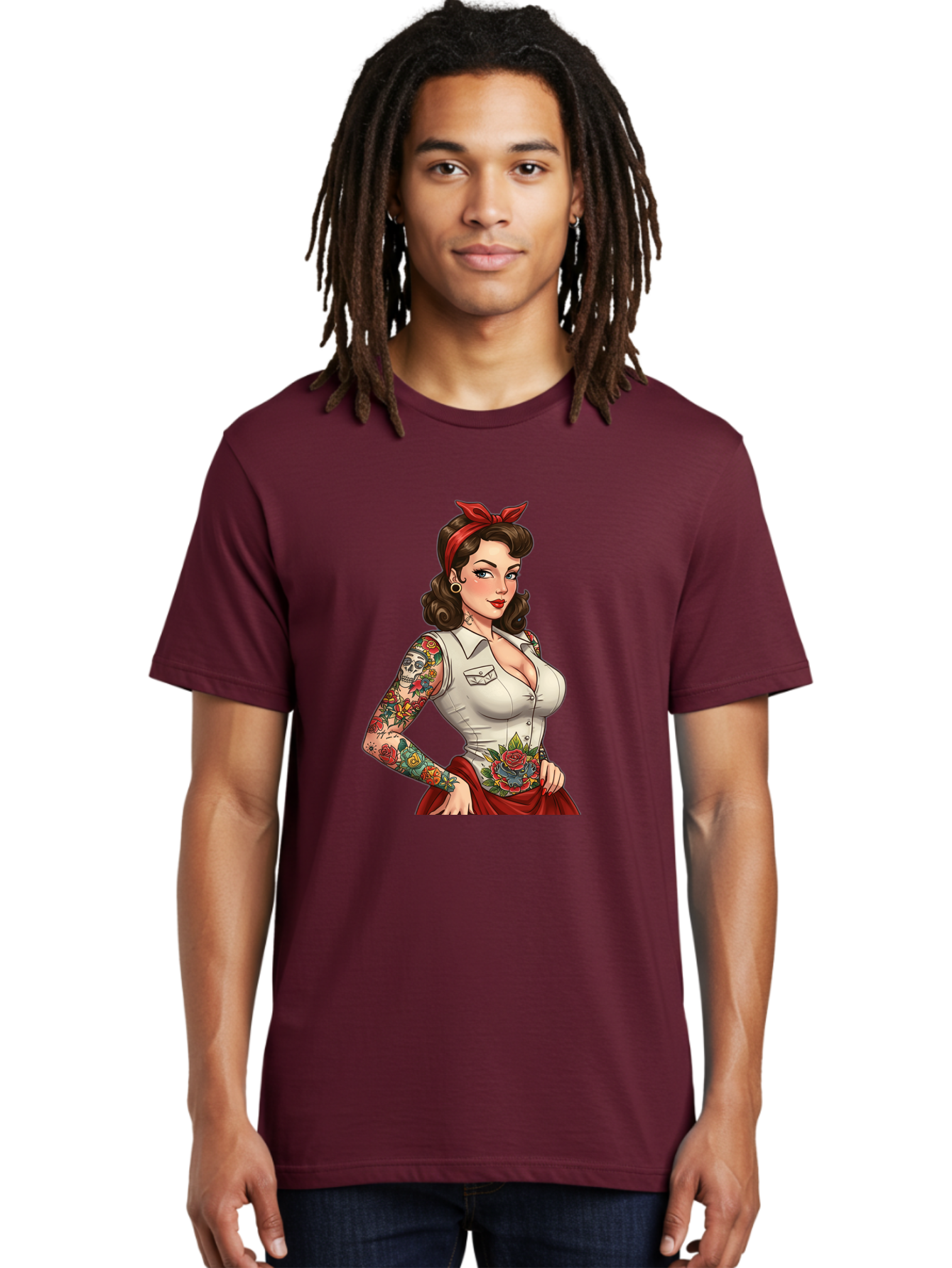 Pin-Up-Girl Men'S Graphic Tee, 100% Cotton, Comfortable Casual Summer Wear, Machine Washable, Pin-Up Girl, Vintage Style, Tattoos, Red Skirt, White Shirt, Curvy Figure, Cartoon Character, Retro Aesthetic, Feminine Charm, Bold And Sassy, Bad419