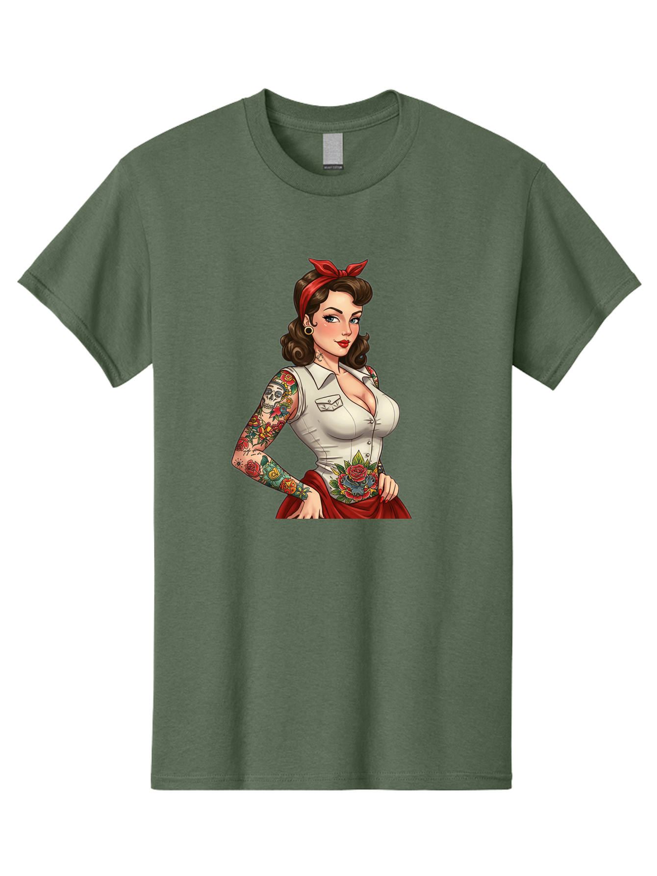 Pin-Up-Girl Men'S Graphic Tee, 100% Cotton, Comfortable Casual Summer Wear, Machine Washable, Pin-Up Girl, Vintage Style, Tattoos, Red Skirt, White Shirt, Curvy Figure, Cartoon Character, Retro Aesthetic, Feminine Charm, Bold And Sassy, Bad419