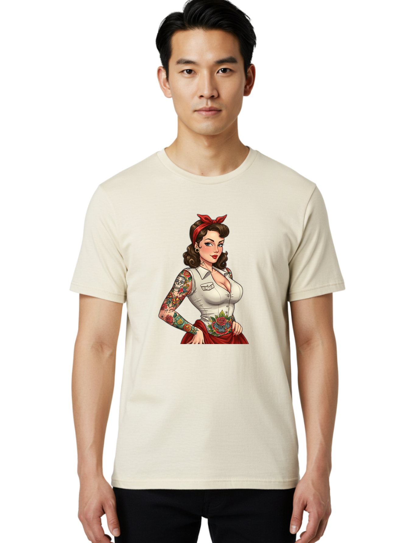 Pin-Up-Girl Men'S Graphic Tee, 100% Cotton, Comfortable Casual Summer Wear, Machine Washable, Pin-Up Girl, Vintage Style, Tattoos, Red Skirt, White Shirt, Curvy Figure, Cartoon Character, Retro Aesthetic, Feminine Charm, Bold And Sassy, Bad419